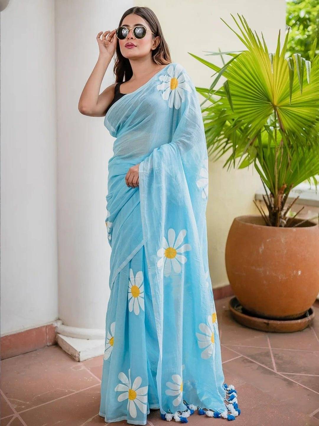     			A TO Z CART Linen Printed Regular Saree With Unstitched Blouse Piece ( Turquoise )