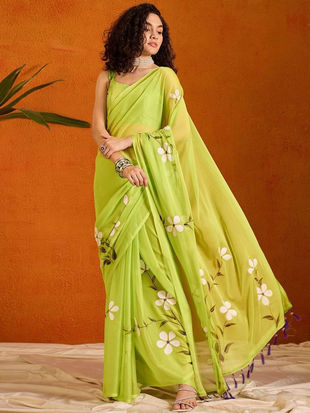     			A TO Z CART Linen Printed Regular Saree With Unstitched Blouse Piece ( Lime Green1 )