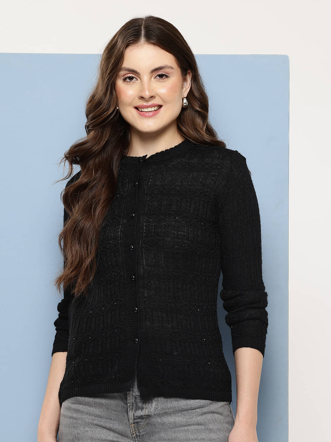     			Aarika Woollen Round Neck Women's Buttoned Cardigans - Black ( Pack of 1 )