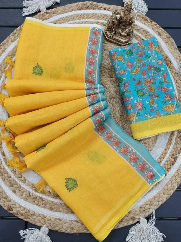     			Aika Linen Printed Regular Saree With Unstitched Blouse Piece ( Yellow )