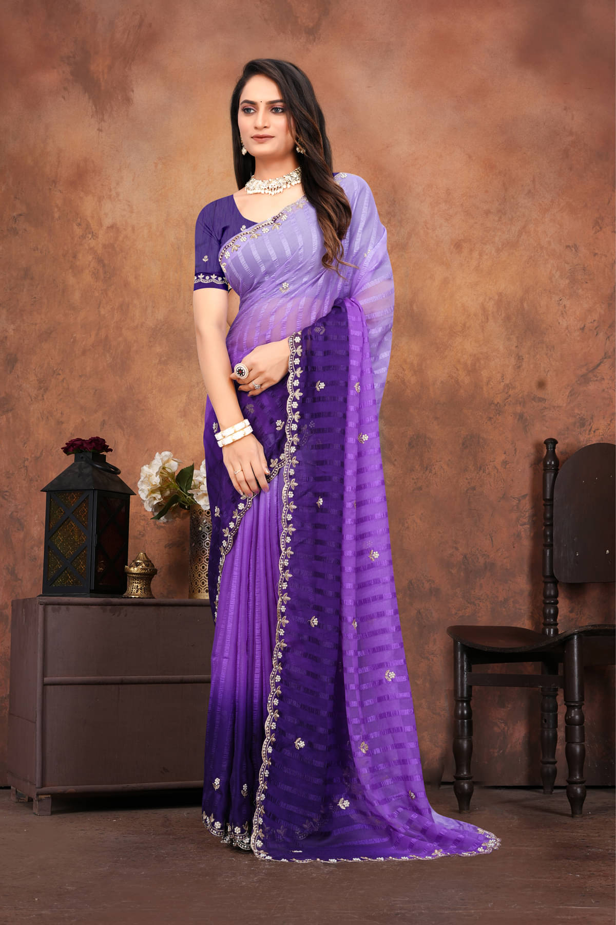 Apnisha Chiffon Embroidered Regular Saree With Unstitched Blouse Piece ( Purple ) Apnisha Chiffon Embroidered Regular Saree With Unstitched Blouse Piece ( Purple )