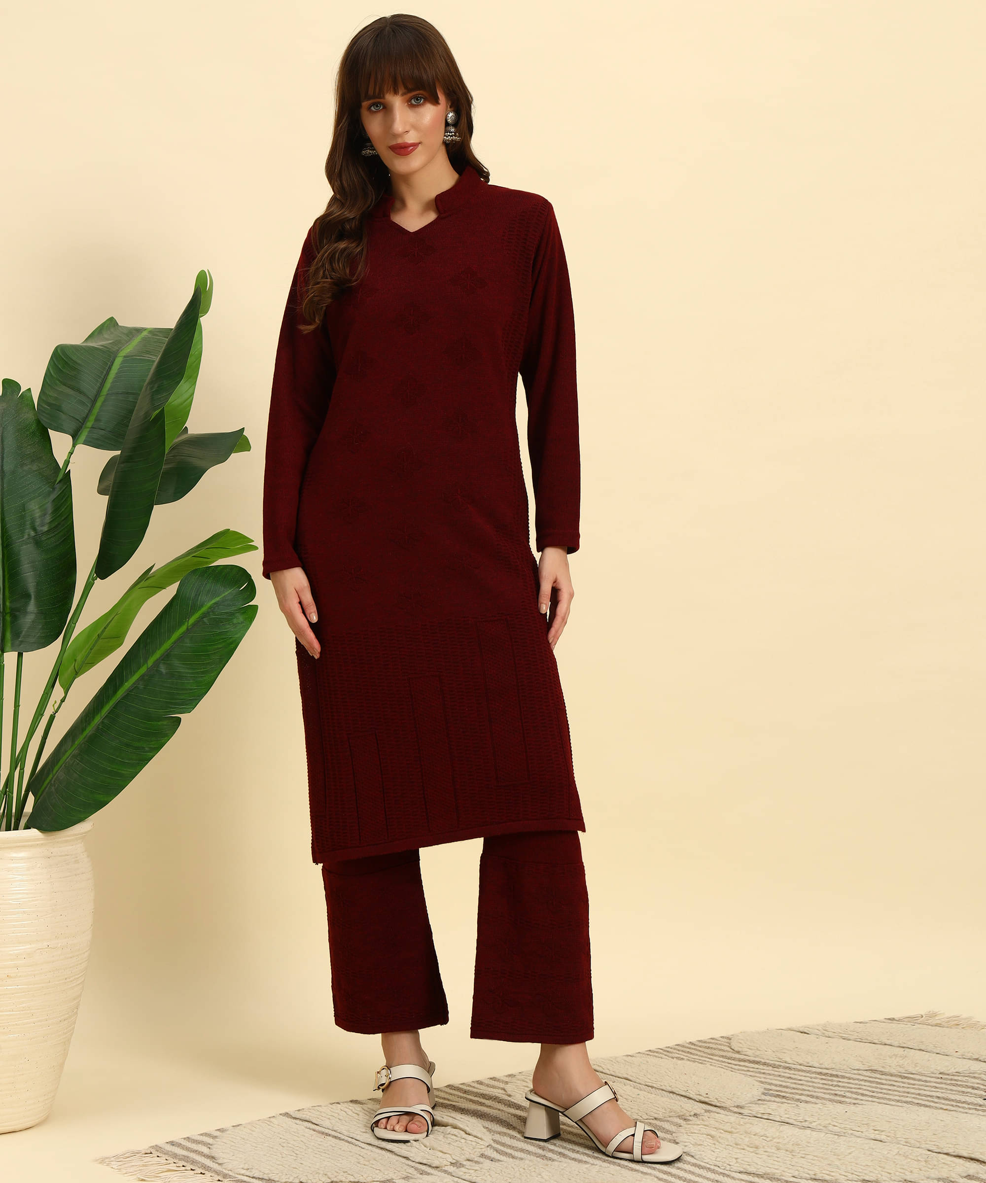 Canblar Women Woollen Solid Frock Style Kurti With Palazzo ( Maroon )     			Canblar Women Woollen Solid Frock Style Kurti With Palazzo ( Maroon )