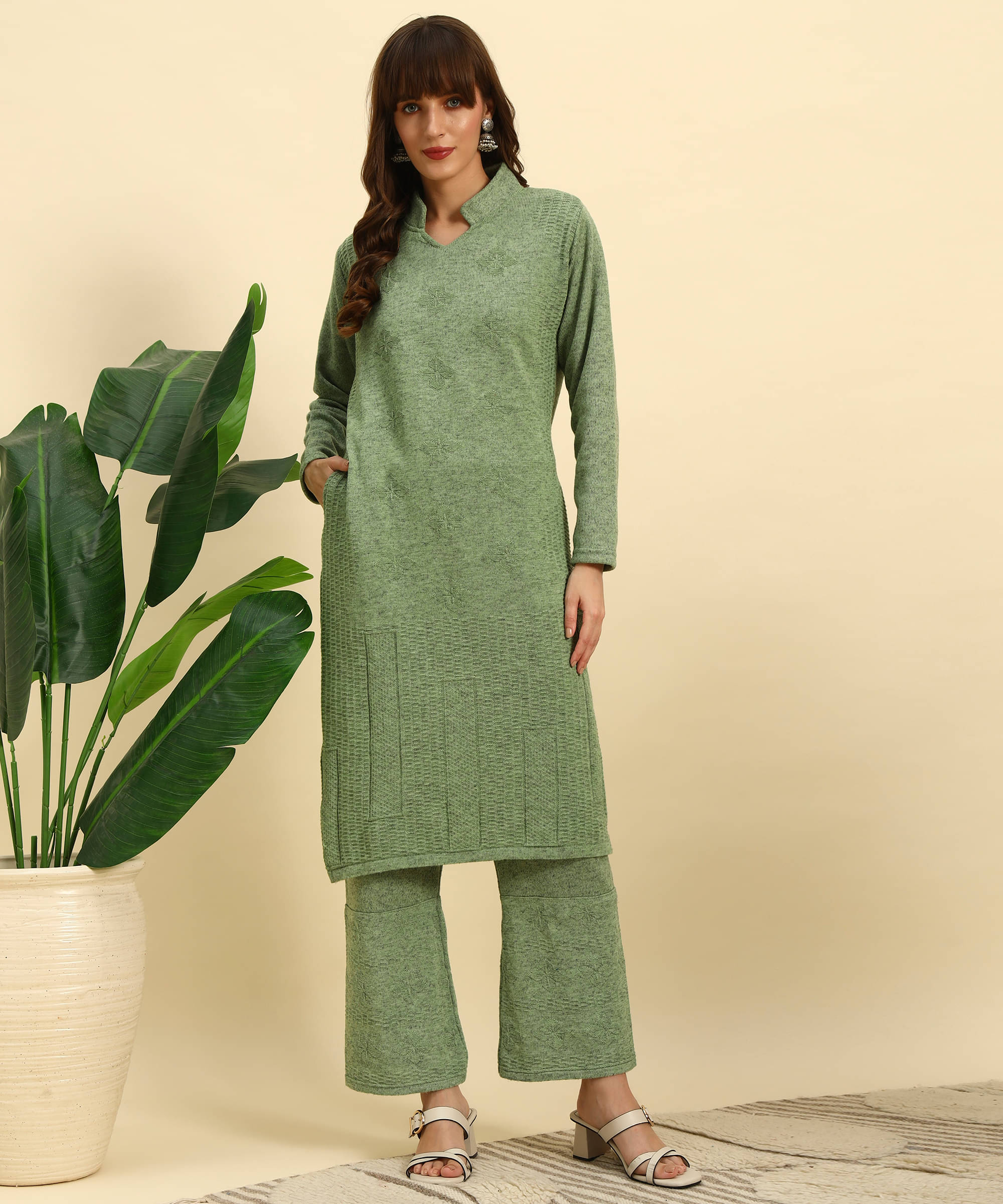     			Canblar Women Woollen Solid Frock Style Kurti With Palazzo ( Green )