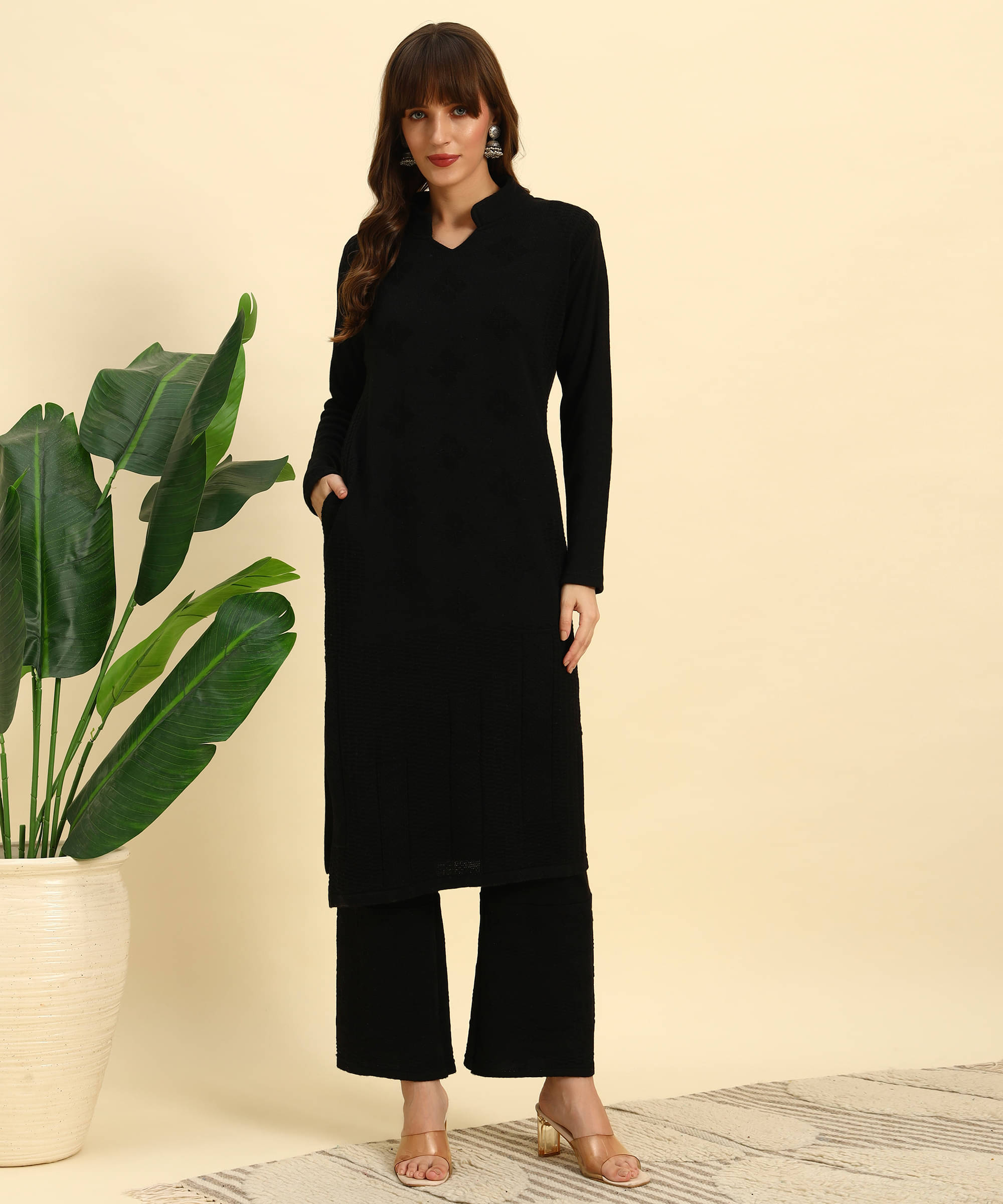     			Canblar Women Woollen Solid Frock Style Kurti With Palazzo ( Black )