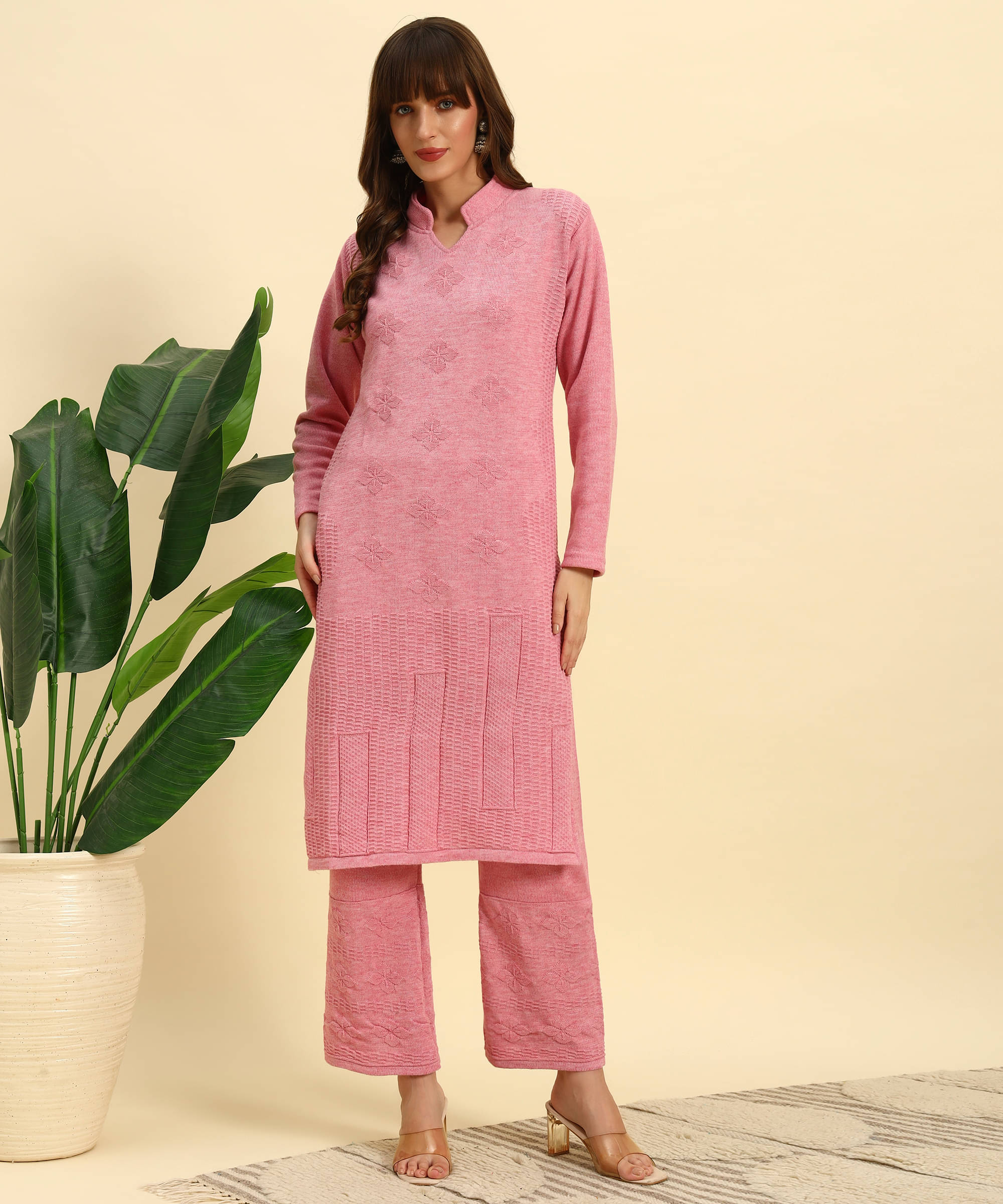     			Canblar Women Woollen Solid Frock Style Kurti With Palazzo ( Pink )