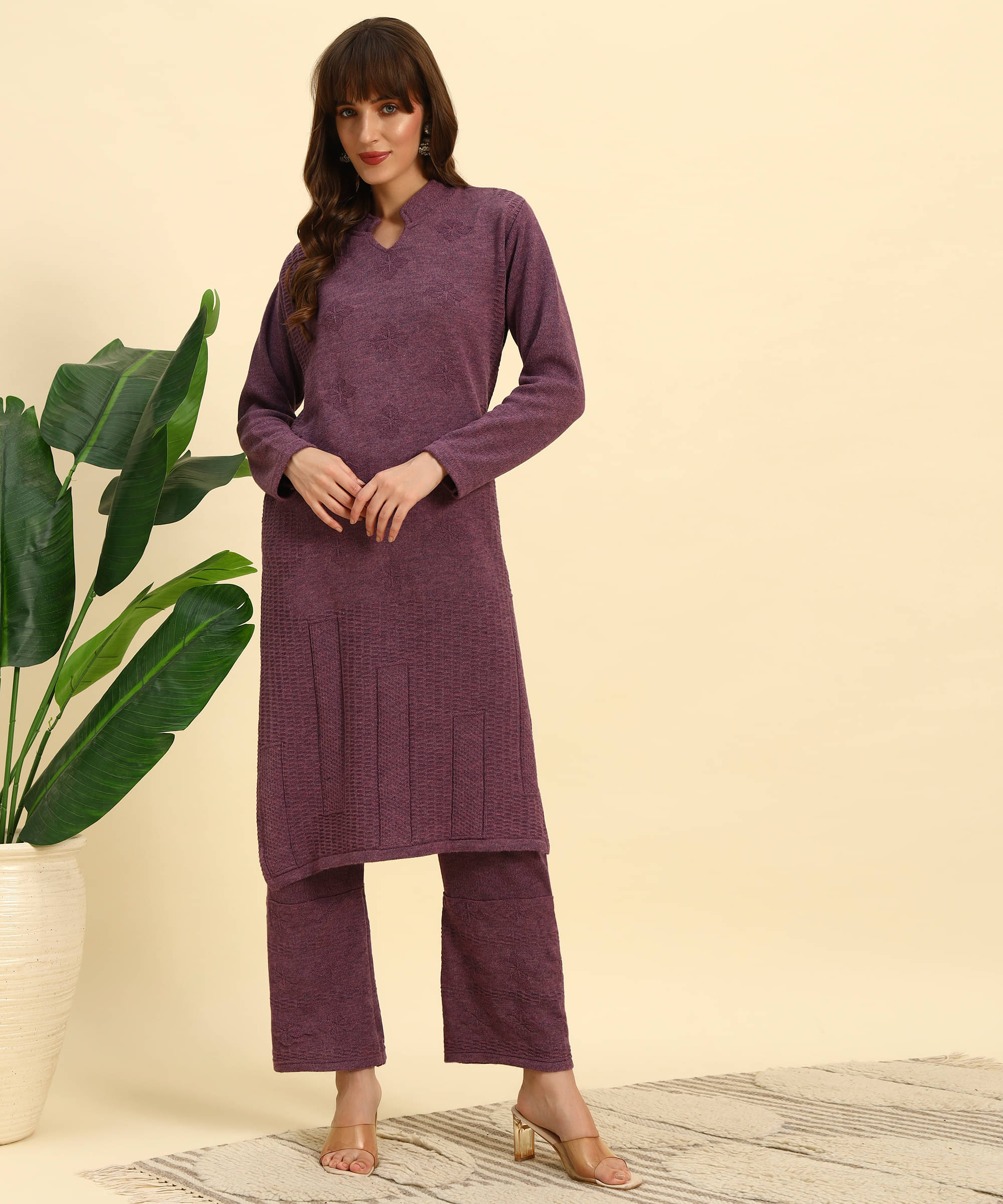     			Canblar Women Woollen Solid Frock Style Kurti With Palazzo ( Purple )
