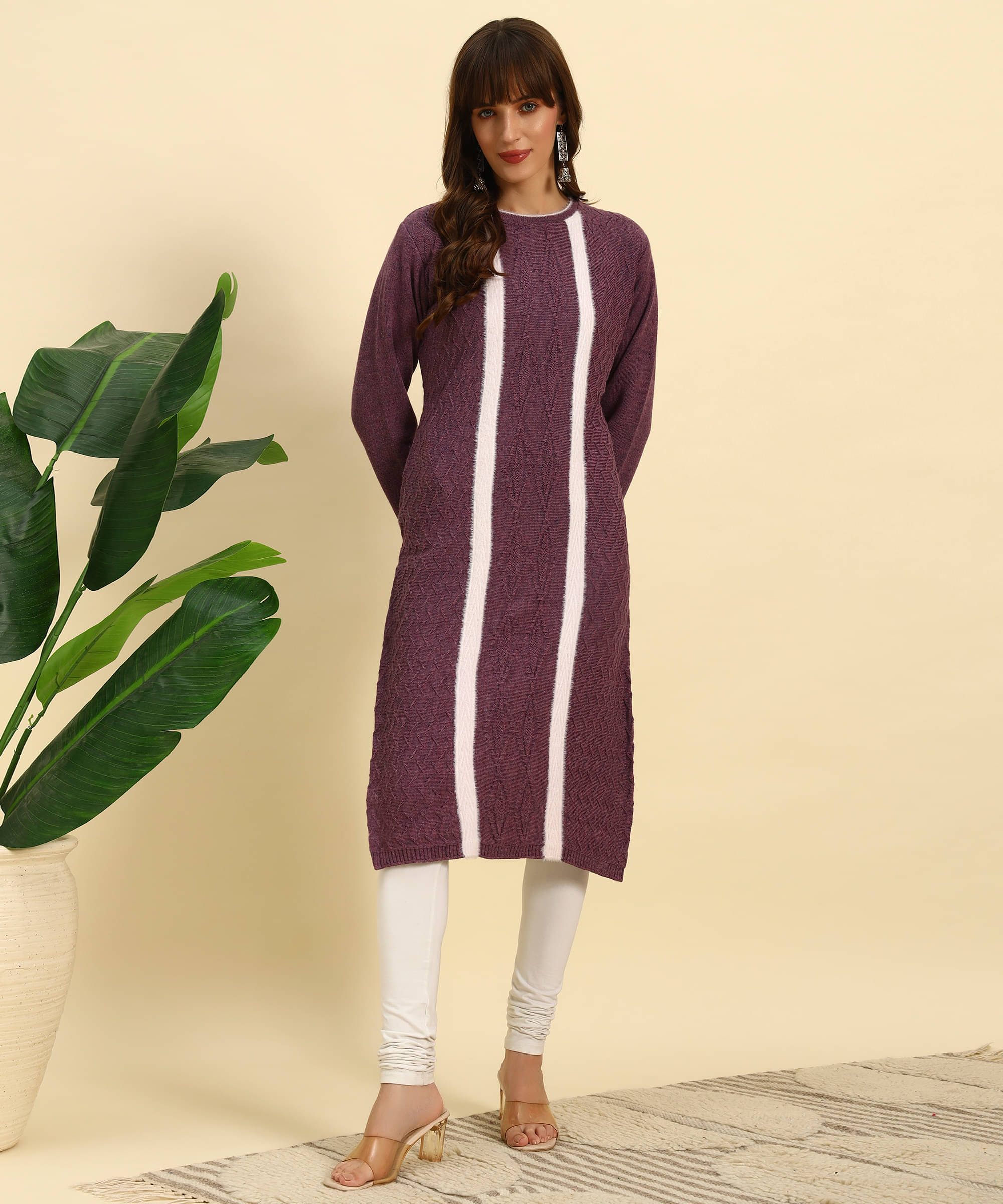     			Canblar Women Woollen Striped Straight Kurti ( Purple )