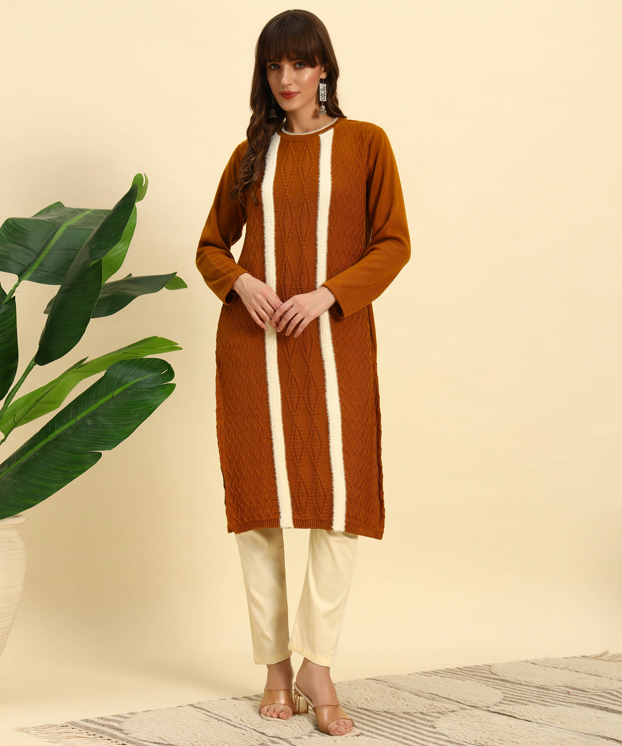 Canblar Women Woollen Striped Straight Kurti ( Brown )     			Canblar Women Woollen Striped Straight Kurti ( Brown )
