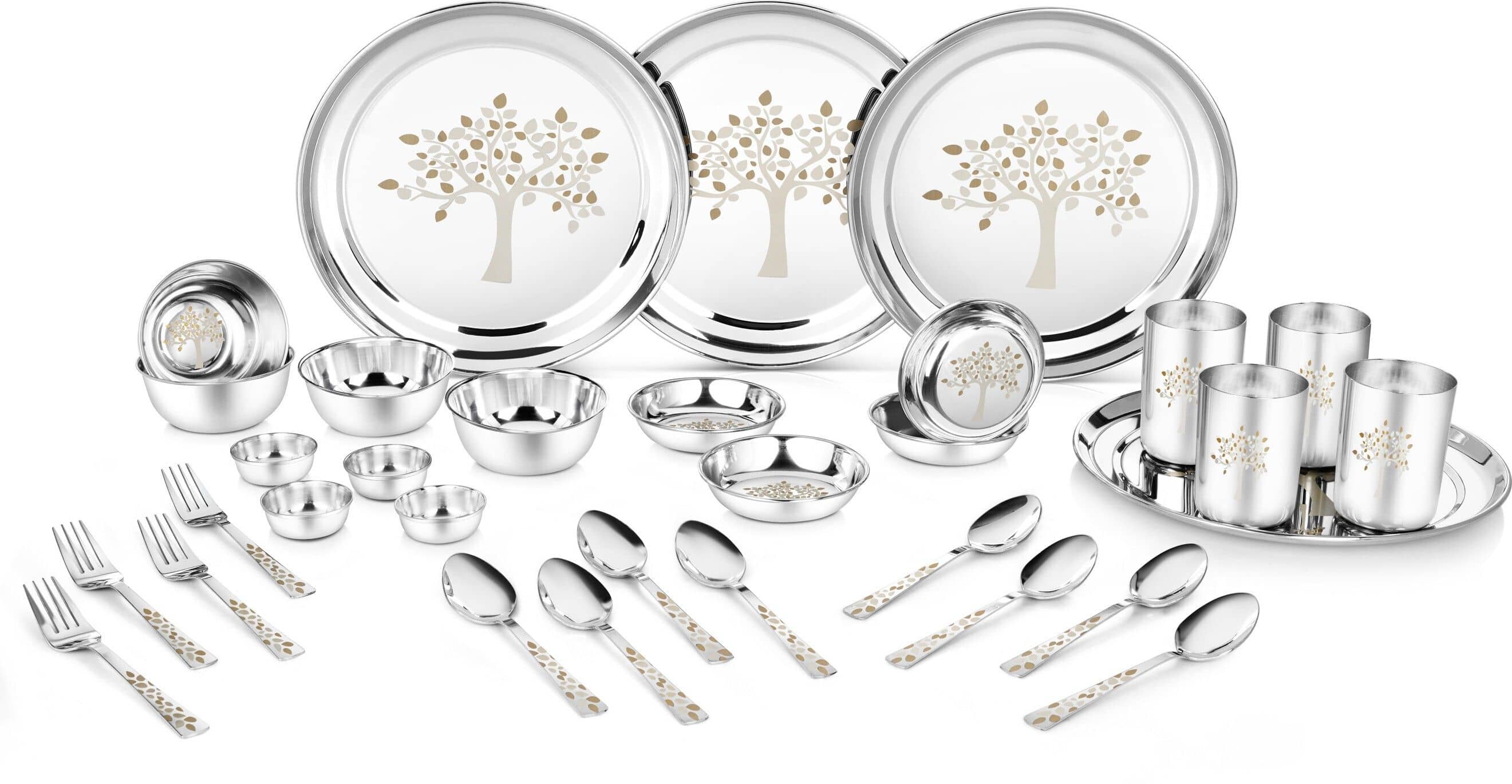 Classic Essentials Laser Printed Stainless Steel Dinner Set ( Pack of 32 ) Silver