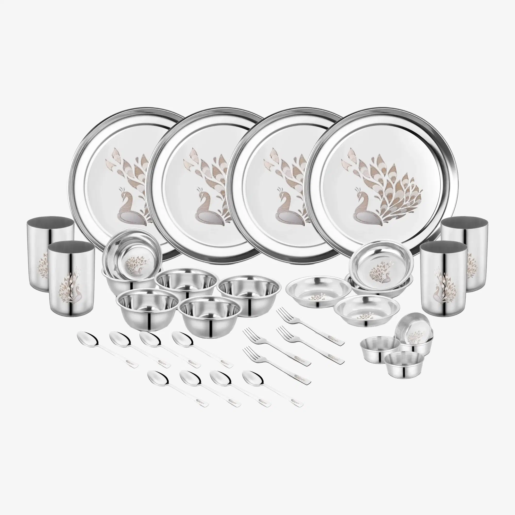 Classic Essentials Laser Printed Stainless Steel Dinner Set ( Pack of 32 ) Silver