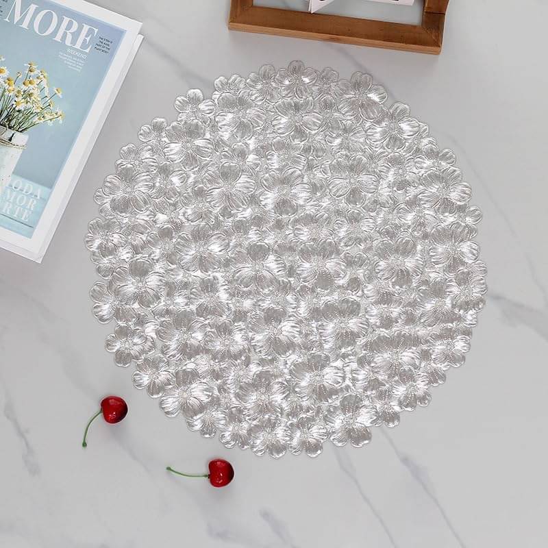 Dakshya Industries PVC Floral Round Table Mats ( 38 cm x 38 cm ) Pack of 6 - Silver     			Dakshya Industries PVC Floral Round Table Mats ( 38 cm x 38 cm ) Pack of 6 - Silver