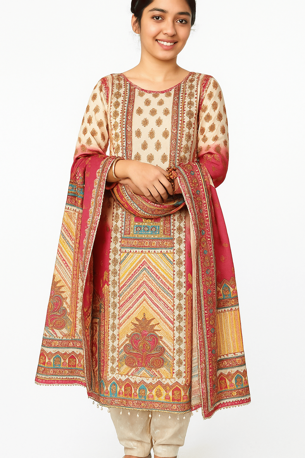     			Daughters Enterprise Women Cotton Silk Embroidered Straight Kurti With Pants ( Beige )