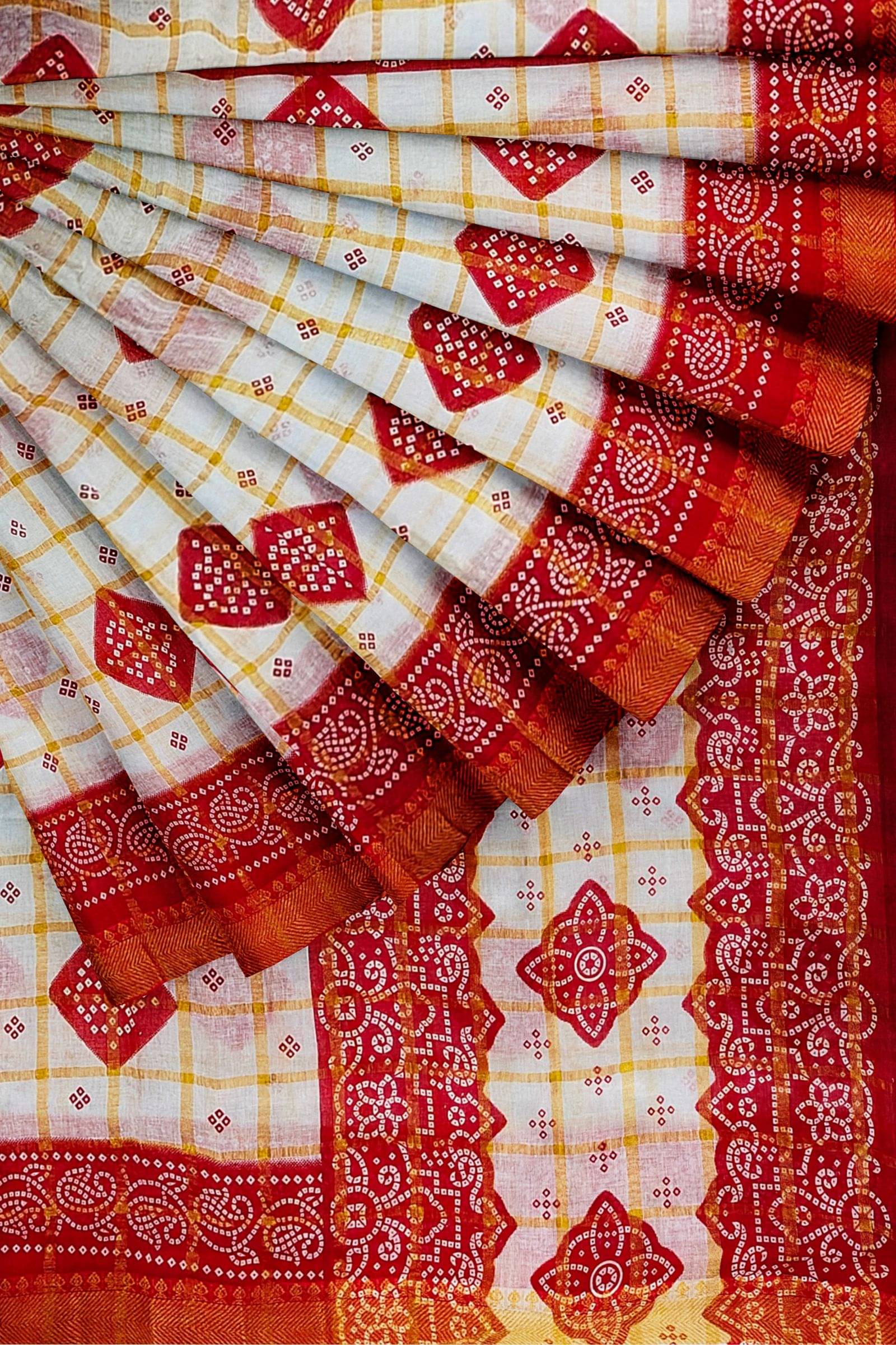 Dishita Cotton Checked Bandhani Sarees Without Blouse Piece ( White ) Dishita Cotton Checked Bandhani Sarees Without Blouse Piece ( White )