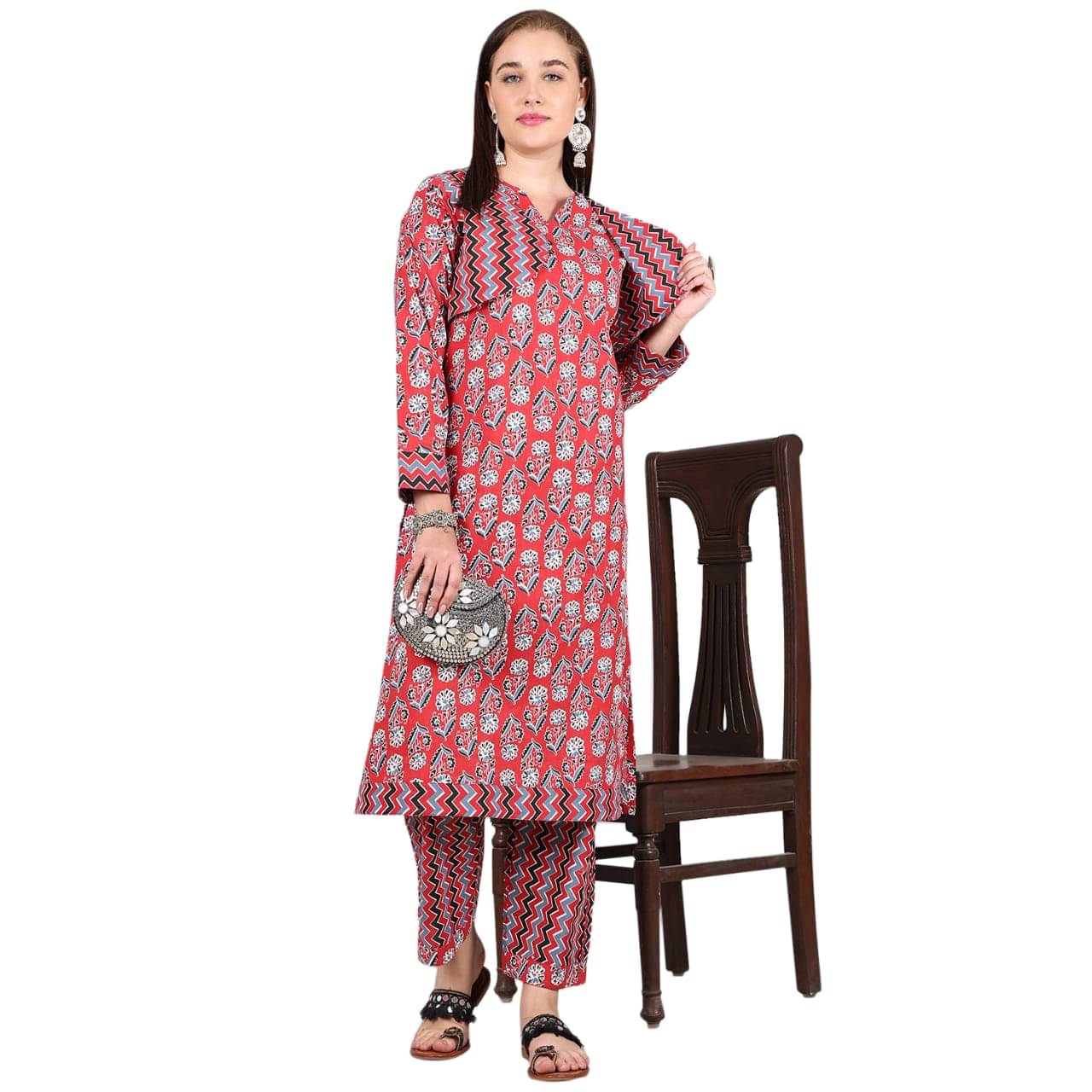     			Dress Craft Women Cotton Printed Jacket Style Kurti With Pants ( Rust )