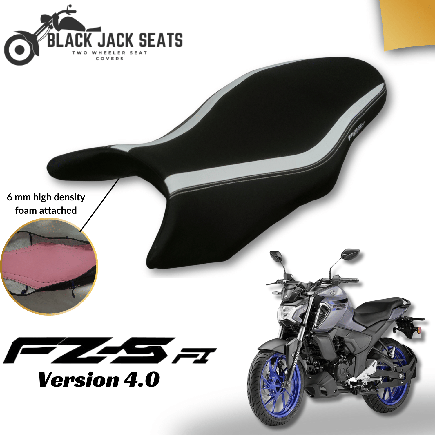     			FZ-S Version 4.0 White Strip Design seat cover with 6 mm high density foam