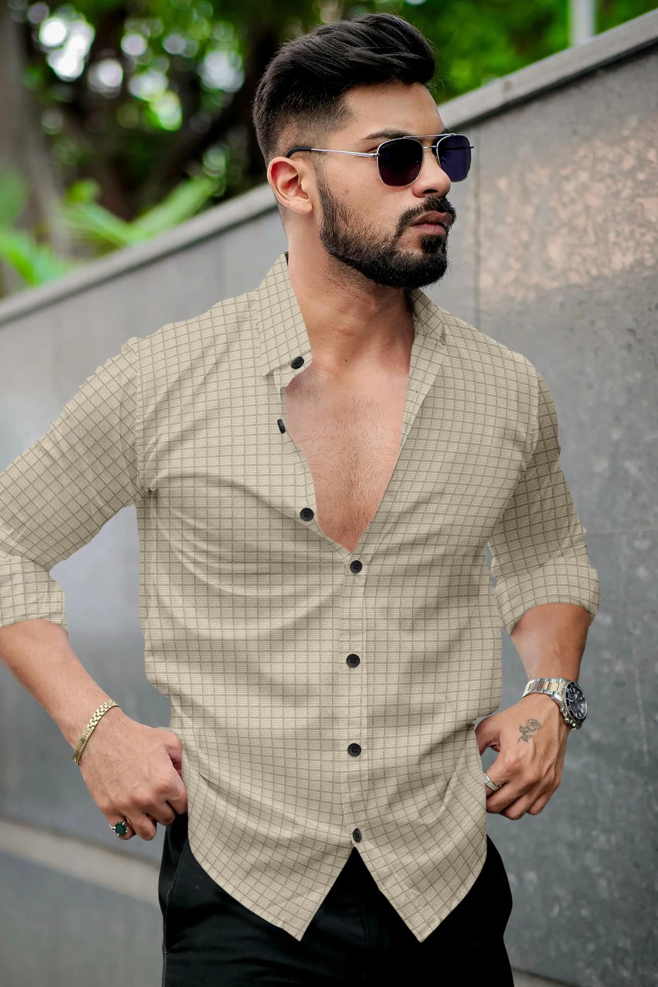     			Fabzy Poly Cotton Regular Fit Checks Full Sleeves Men's Casual Shirt - Beige ( Pack of 1 )