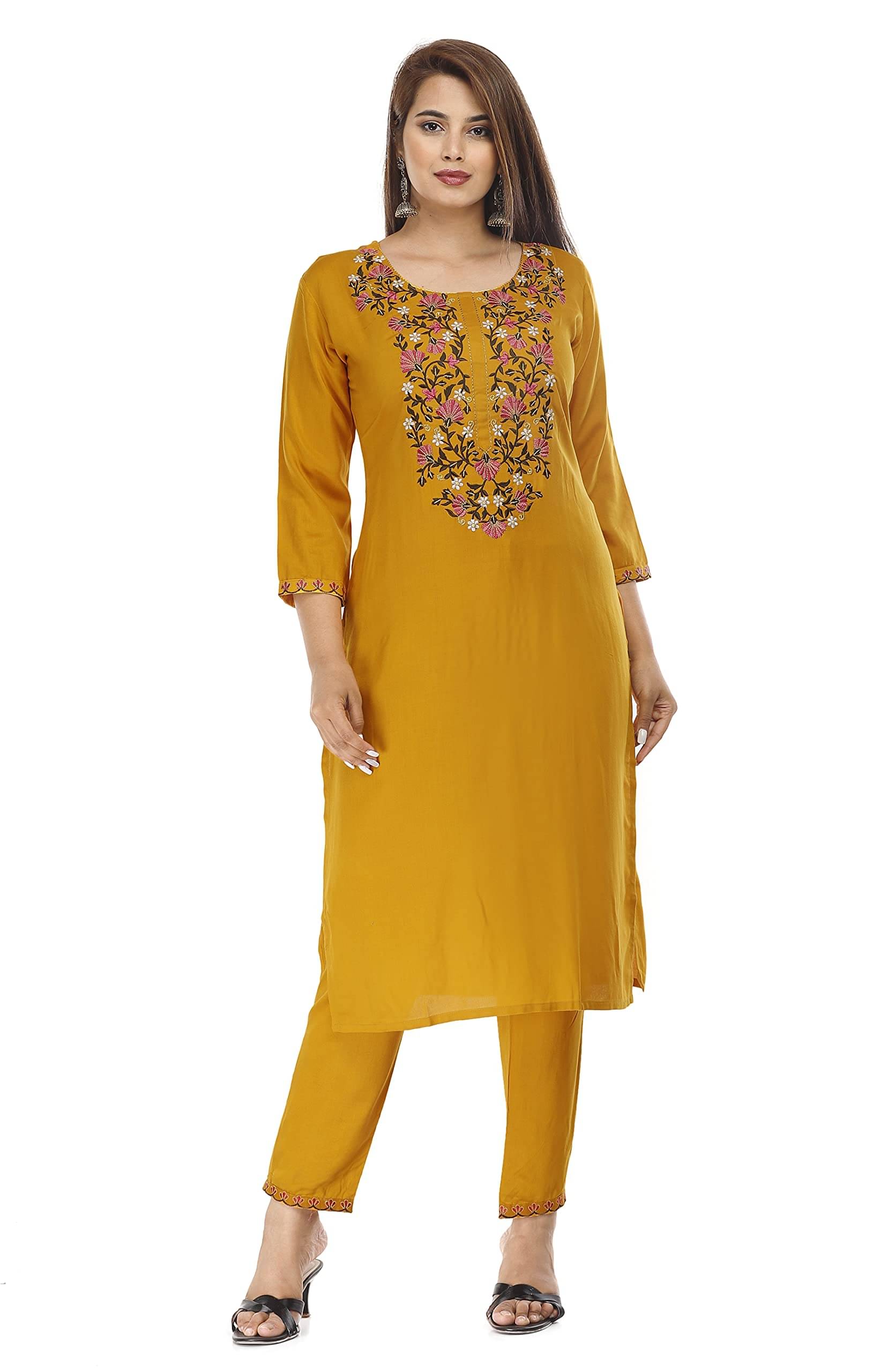 G4Girl Women Rayon Embroidered Straight Kurti With Pants ( Mustard )     			G4Girl Women Rayon Embroidered Straight Kurti With Pants ( Mustard )