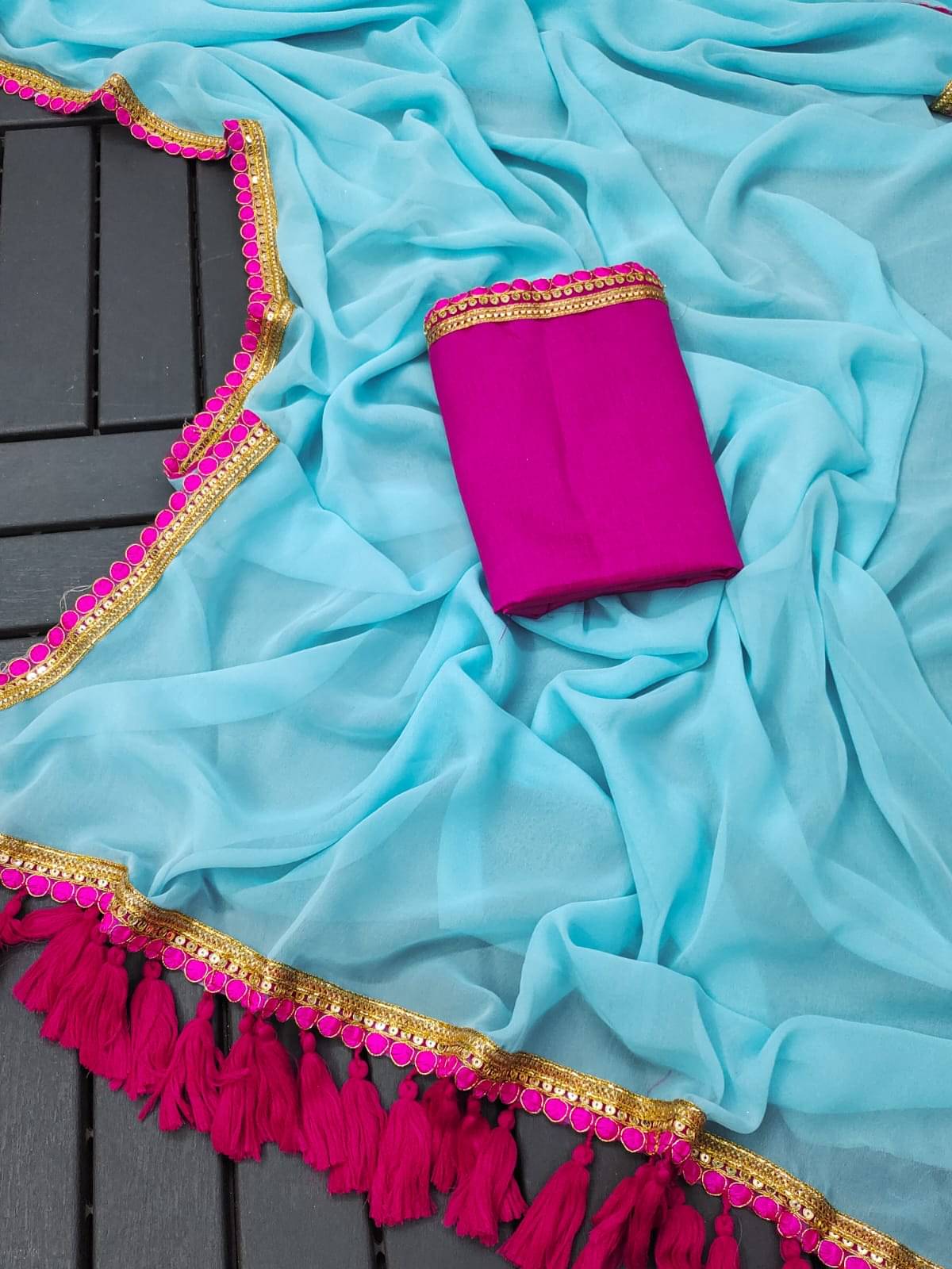     			GALAXY STUDIOS Georgette Embellished Banarasi saree With Unstitched Blouse Piece ( Sky Blue,Pink )