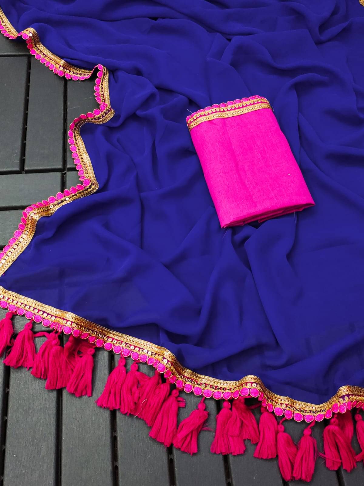     			GALAXY STUDIOS Georgette Embellished Banarasi saree With Unstitched Blouse Piece ( Blue,Pink )