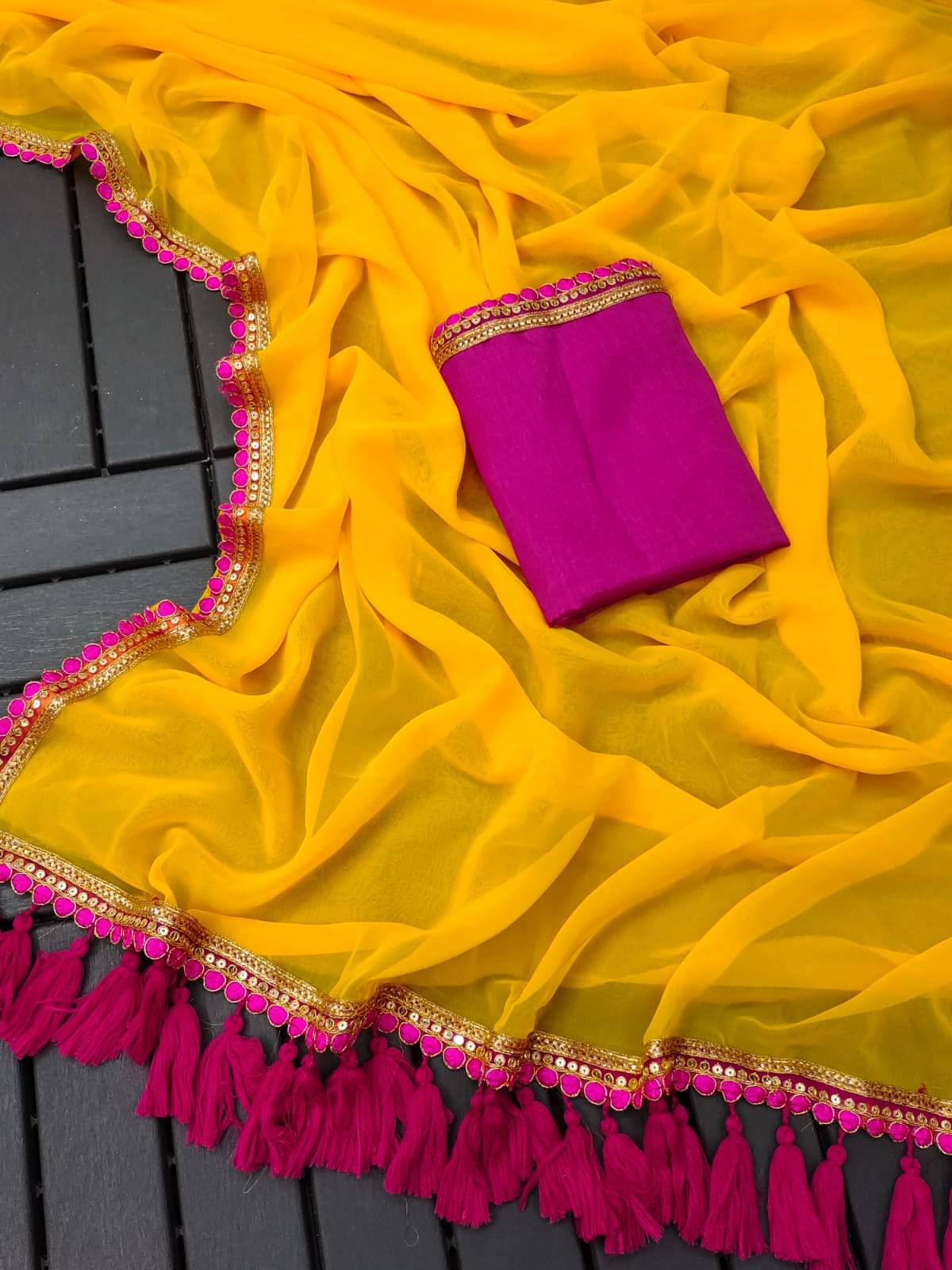 GALAXY STUDIOS Georgette Embellished Banarasi saree With Unstitched Blouse Piece ( Yellow,Pink ) GALAXY STUDIOS Georgette Embellished Banarasi saree With Unstitched Blouse Piece ( Yellow,Pink )