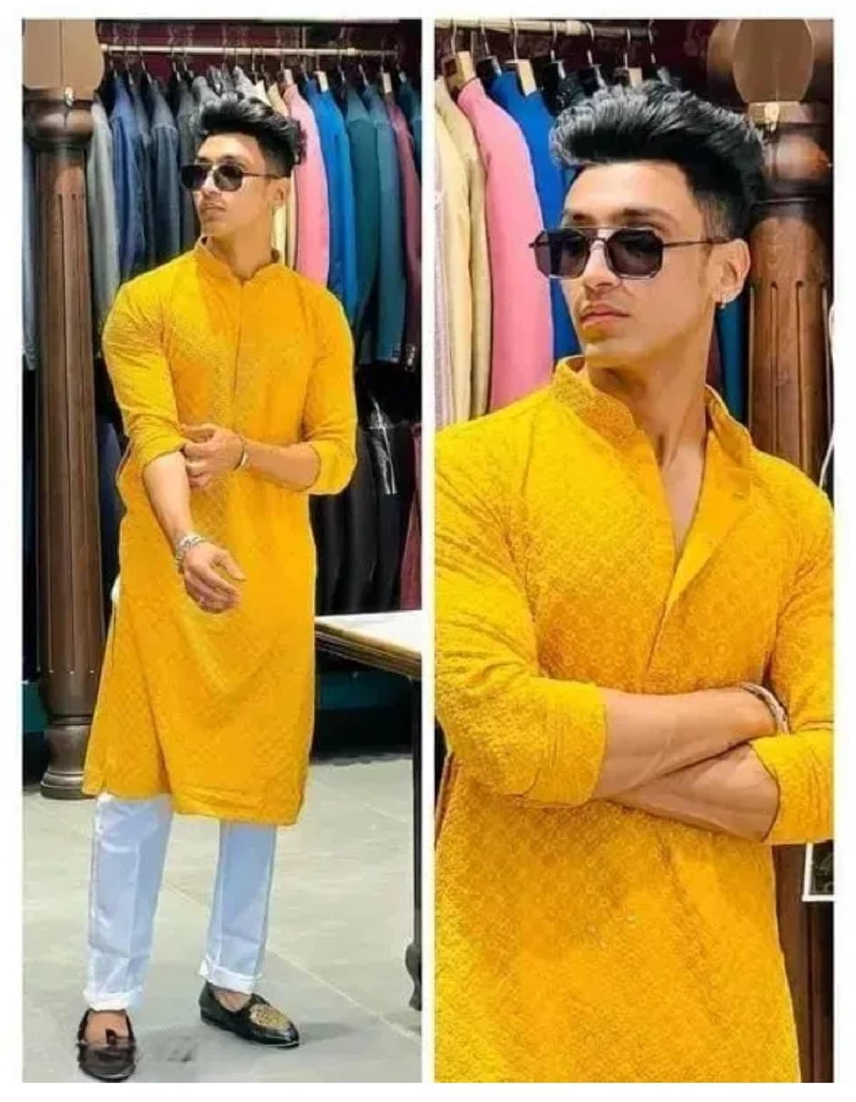 Gazal Fashions Cotton Blend Embroidered Regular Kurta For Men ( Yellow ) - Kurtas & Kurta Sets | Buy online on ZillyBuy