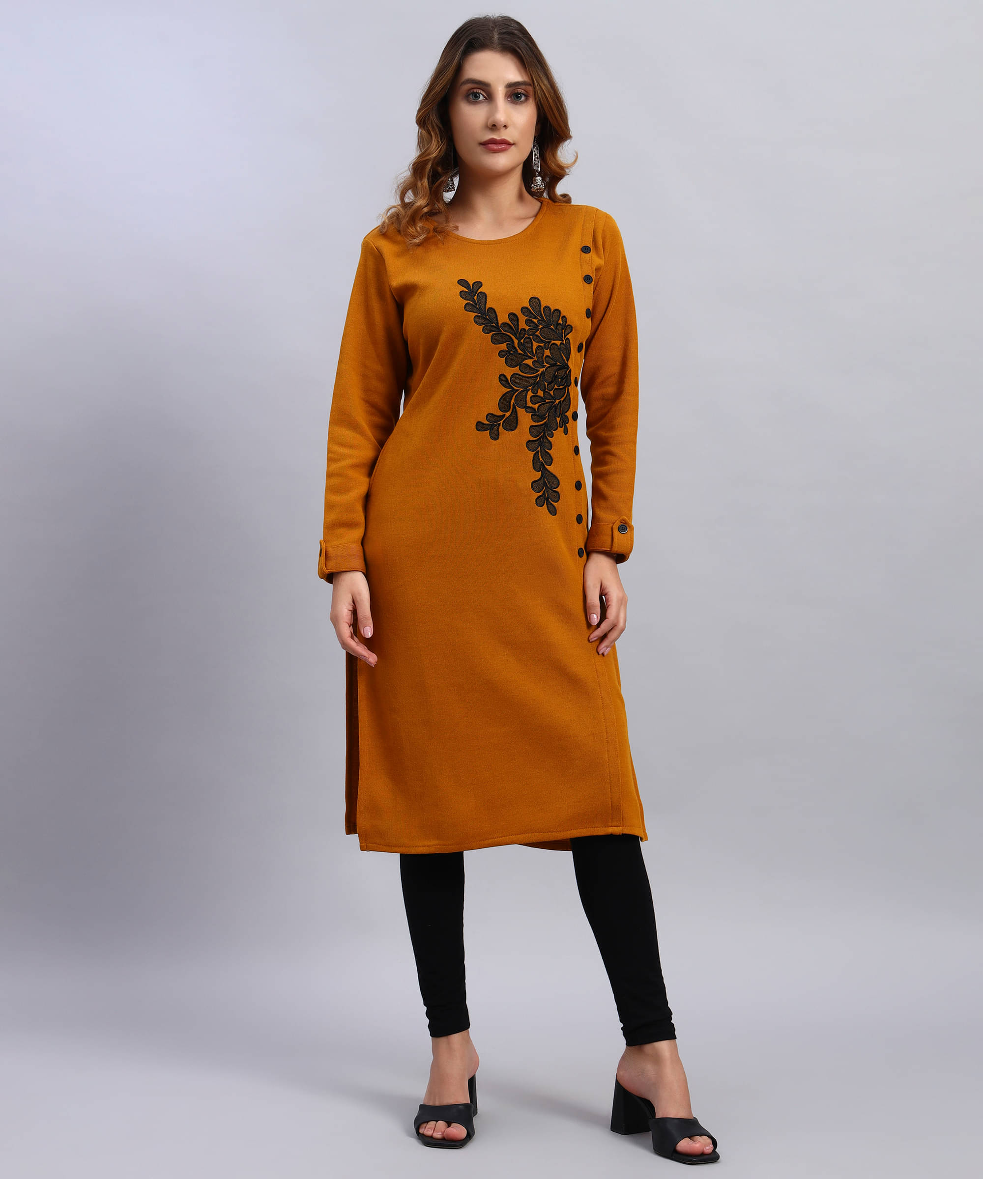 HEMLOCK Women Woollen Self Design Straight Kurti ( Mustard ) HEMLOCK Women Woollen Self Design Straight Kurti ( Mustard )