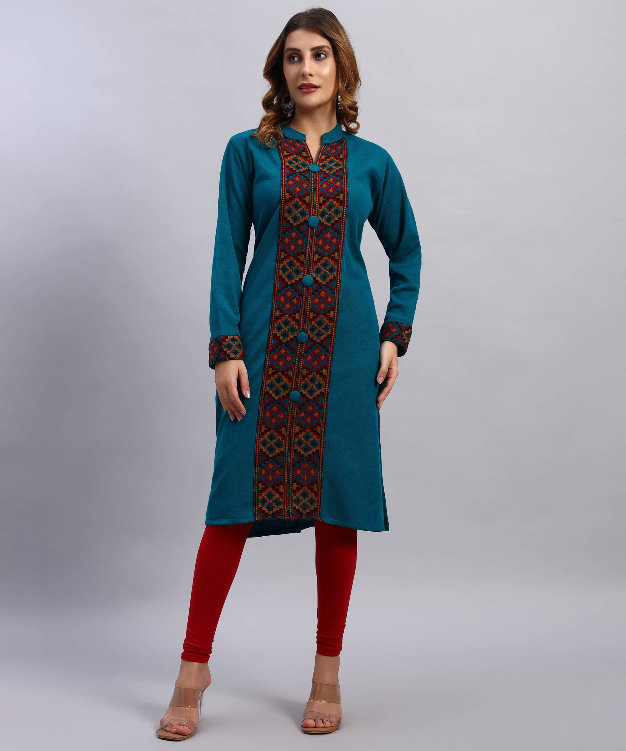     			HEMLOCK Women Woollen Self Design Straight Kurti ( Sea Green )