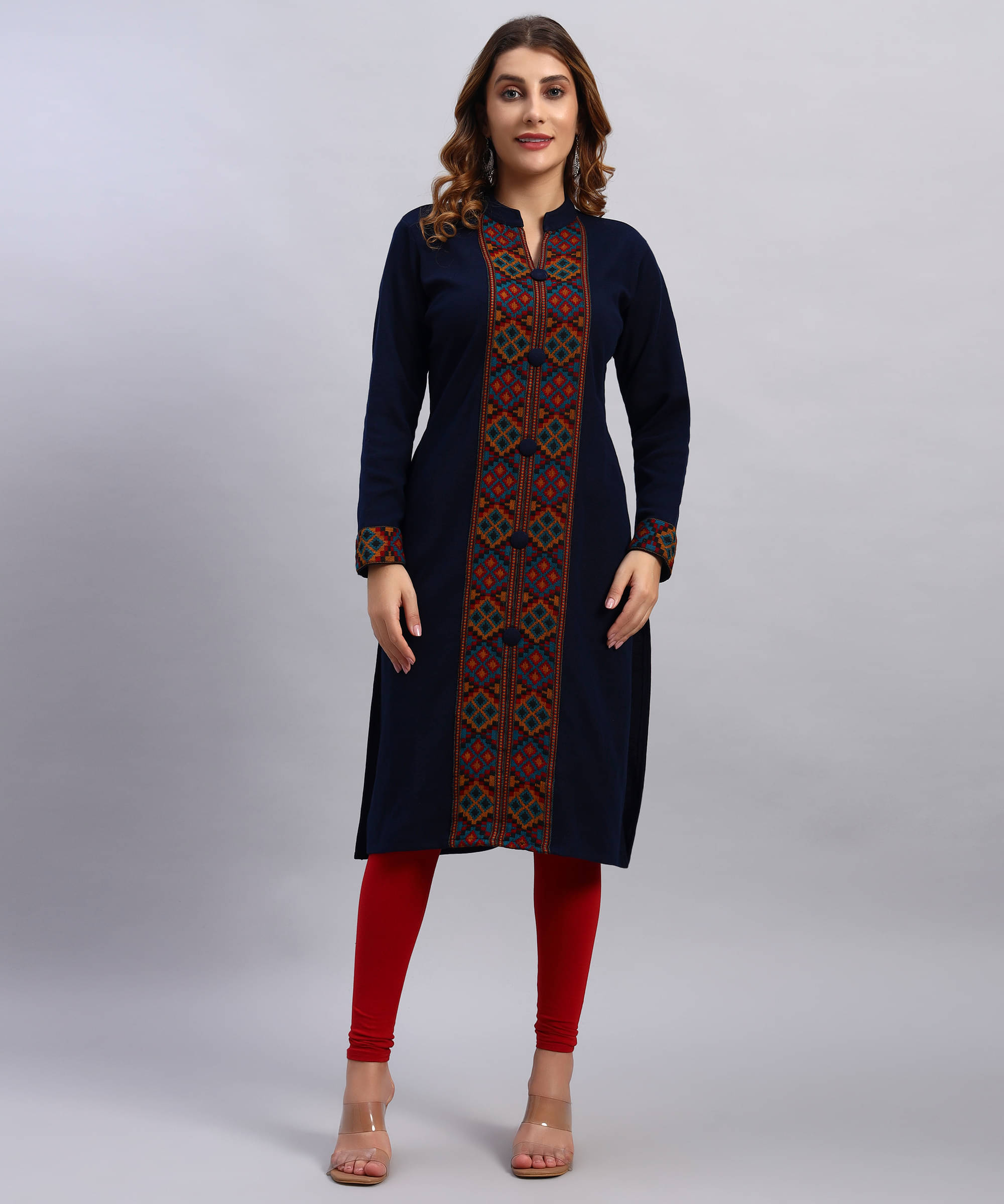     			HEMLOCK Women Woollen Self Design Straight Kurti ( Navy )