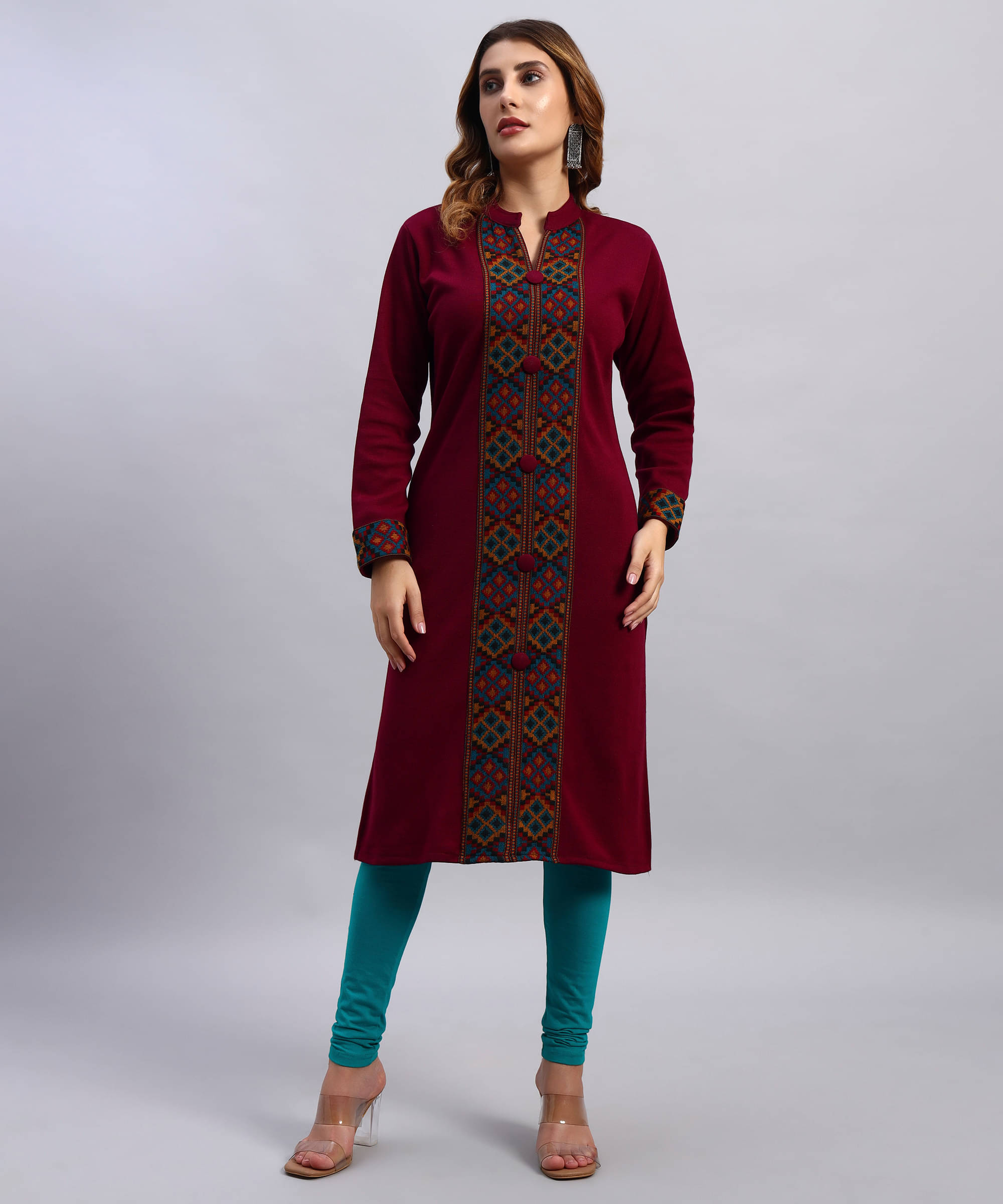     			HEMLOCK Women Woollen Self Design Straight Kurti ( Wine )