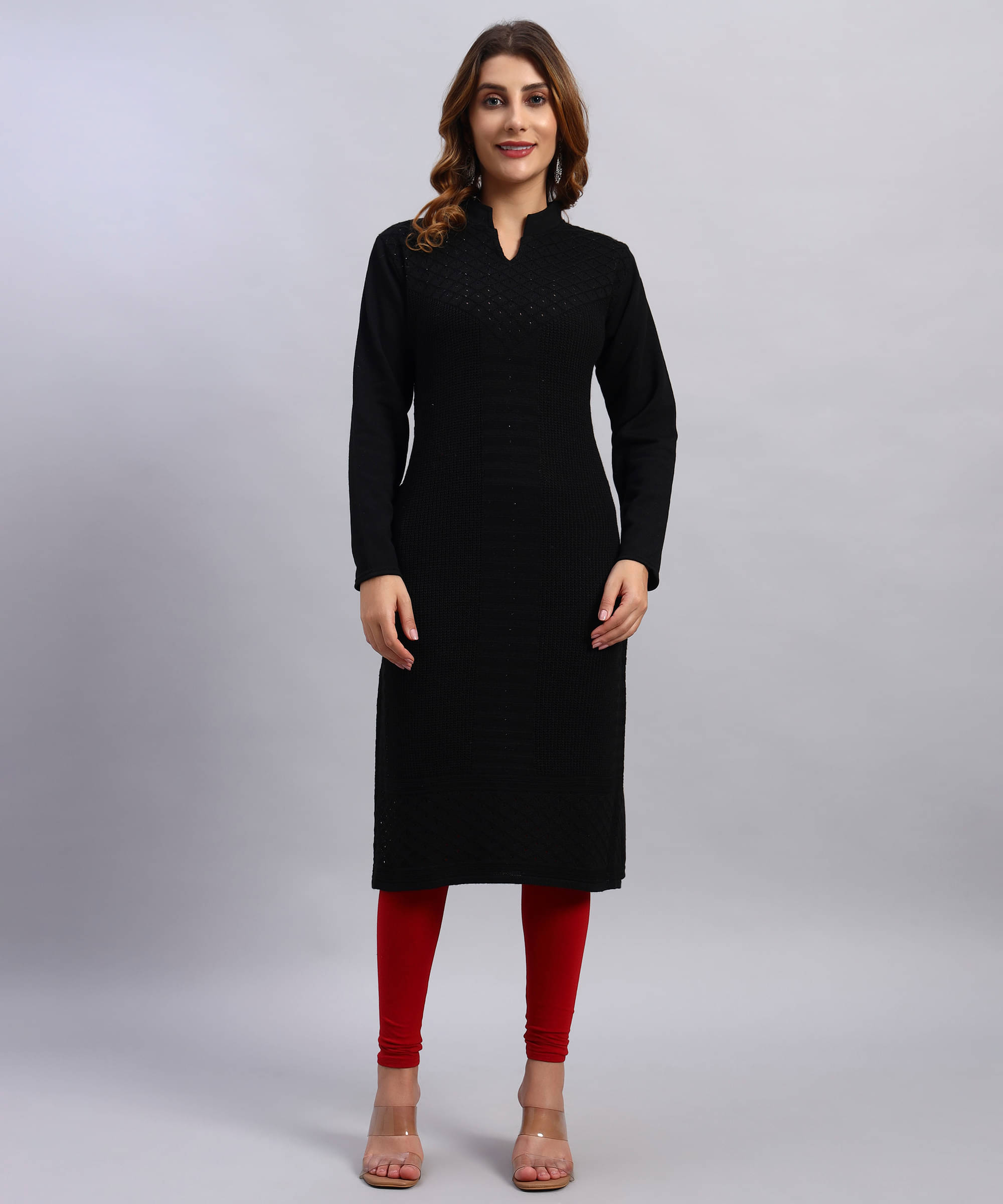     			HEMLOCK Women Woollen Self Design Straight Kurti ( Black )