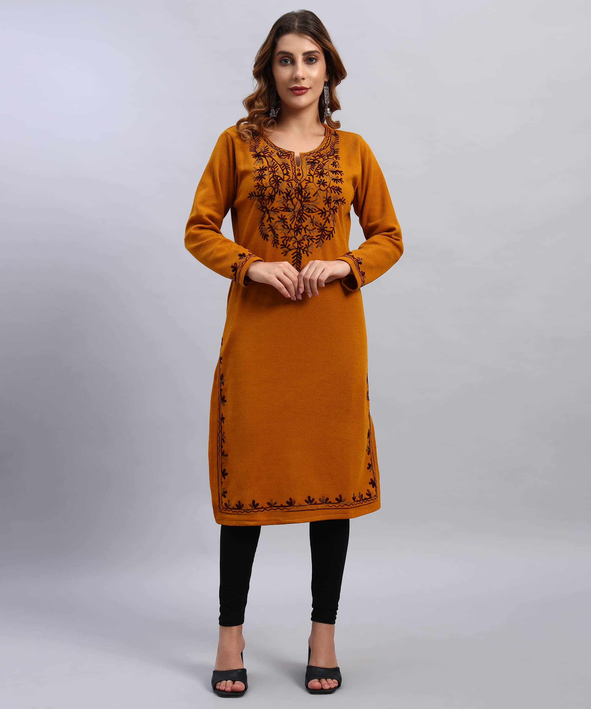     			HEMLOCK Women Woollen Self Design Straight Kurti ( Mustard )
