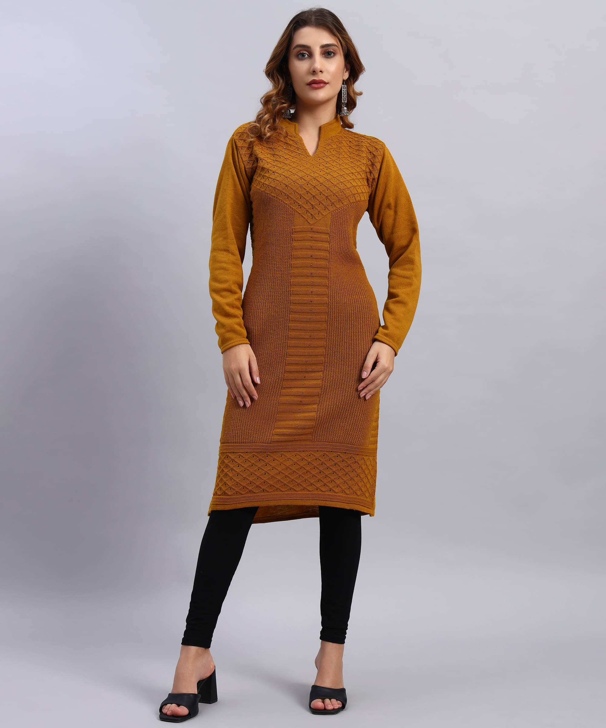     			HEMLOCK Women Woollen Self Design Straight Kurti ( Mustard )
