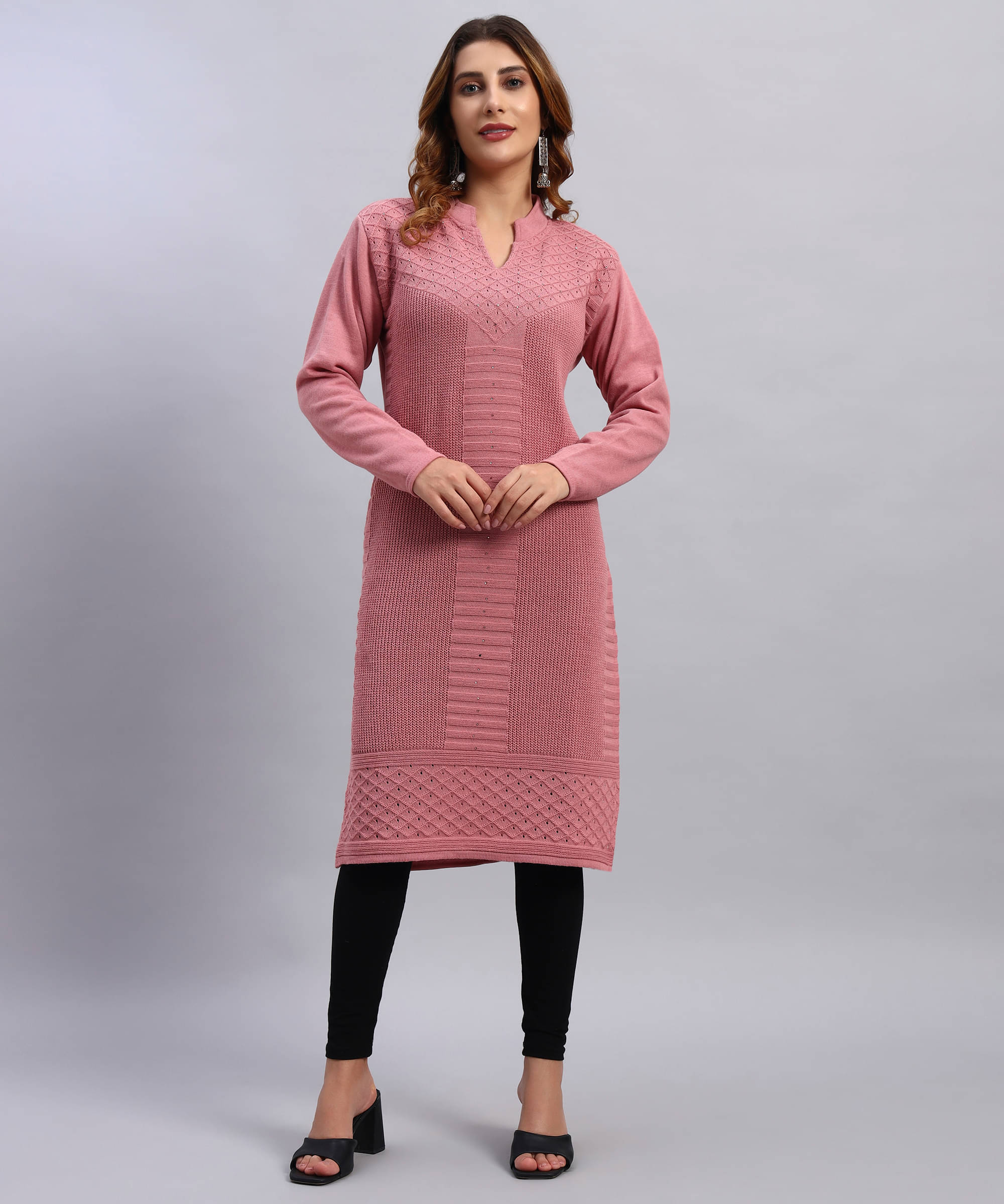     			HEMLOCK Women Woollen Self Design Straight Kurti ( Pink )