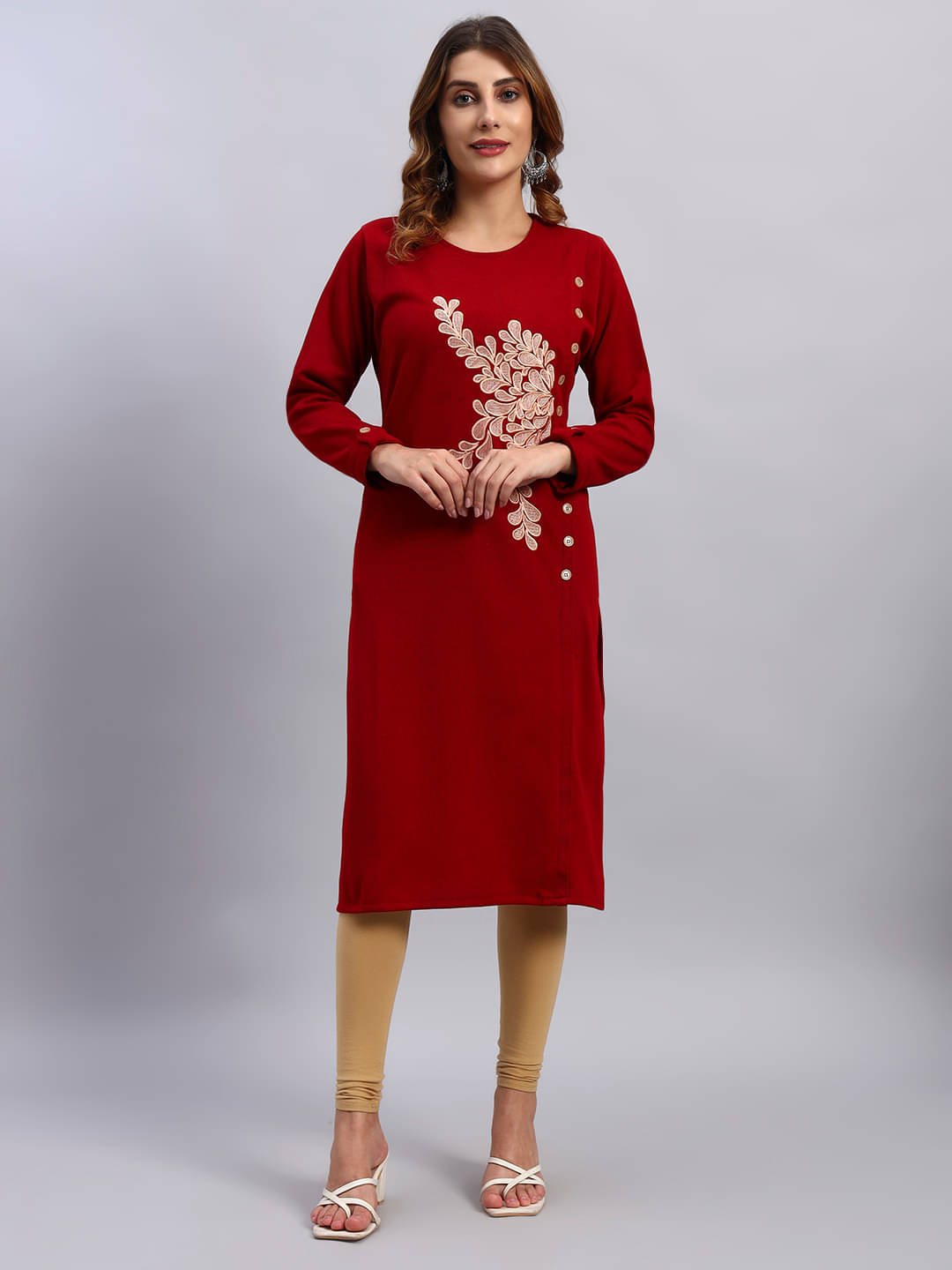    			HEMLOCK Women Woollen Self Design Straight Kurti ( Maroon )
