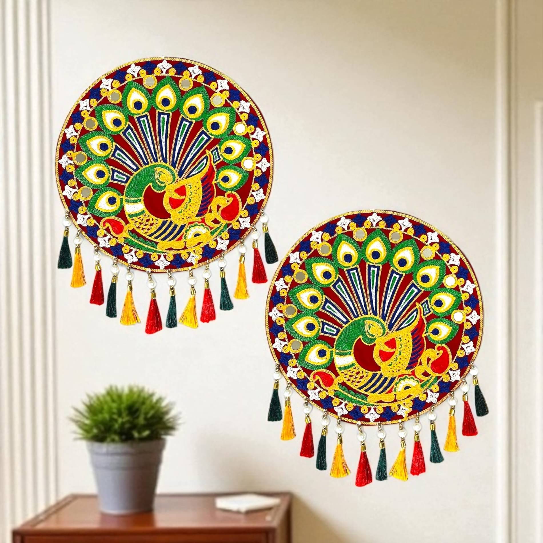     			Handcrafted Round Peacock Wall Hanging Set of 2 – Embroidered Velvet Decor with Mirror Work, Tassels & Beads – Traditional Indian Home Decor