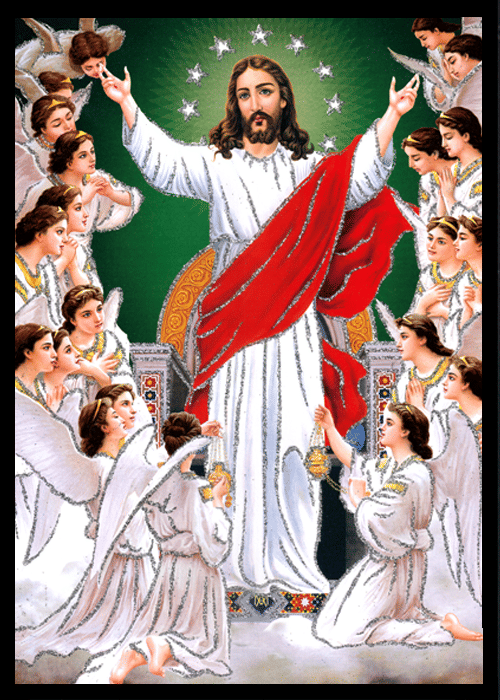     			JESUS CHRIST WITH ANGELS Sparkled Laminated Photo 8 (Width) x 11 (Length) inch on Wooden Base With Back Support & Wall Hanging Mount