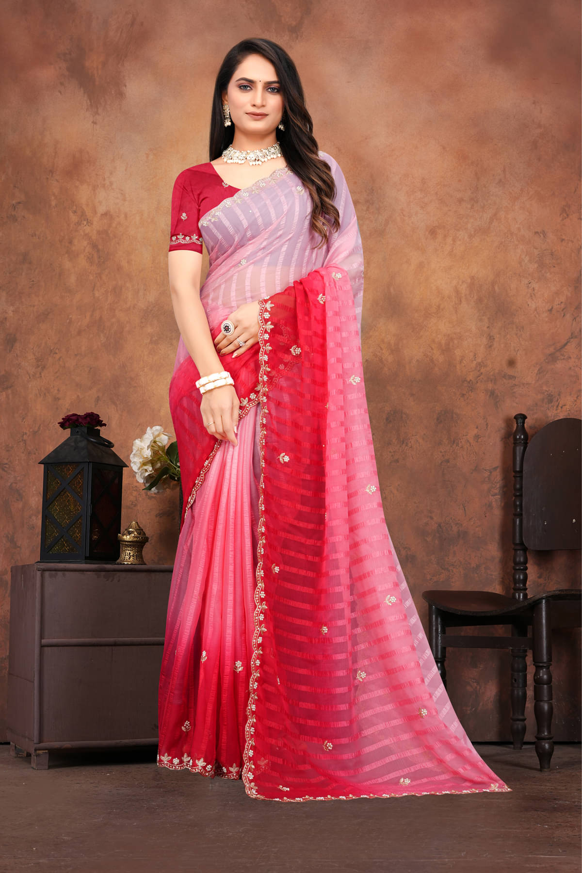     			JULEE Chiffon Embroidered Regular Saree With Unstitched Blouse Piece ( Multicolor 3 )
