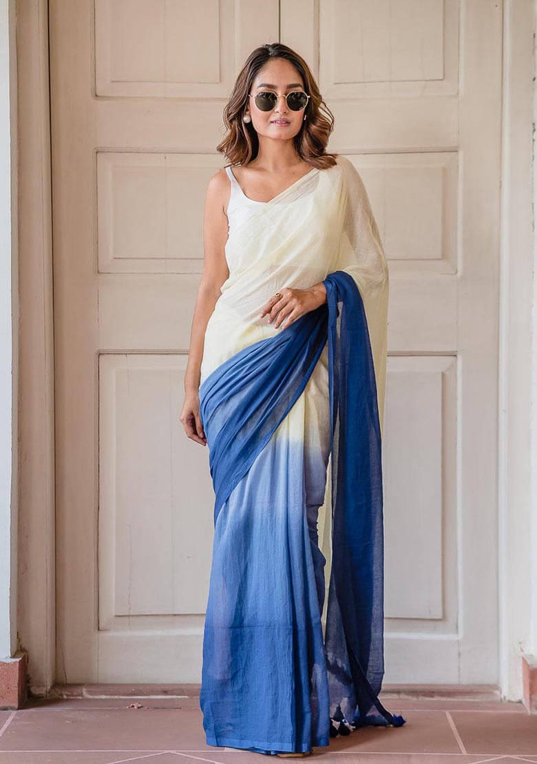     			JULEE Cotton Blend Printed Regular Saree With Unstitched Blouse Piece ( Blue )