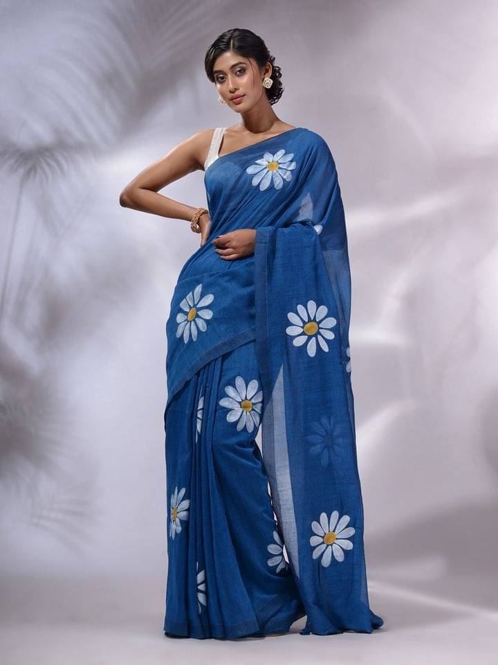     			JULEE Linen Printed Regular Saree With Unstitched Blouse Piece ( Blue )