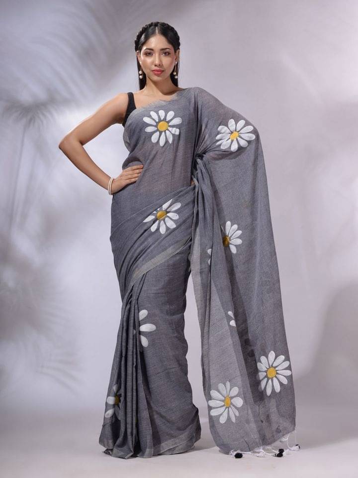     			JULEE Linen Printed Regular Saree With Unstitched Blouse Piece ( Grey )