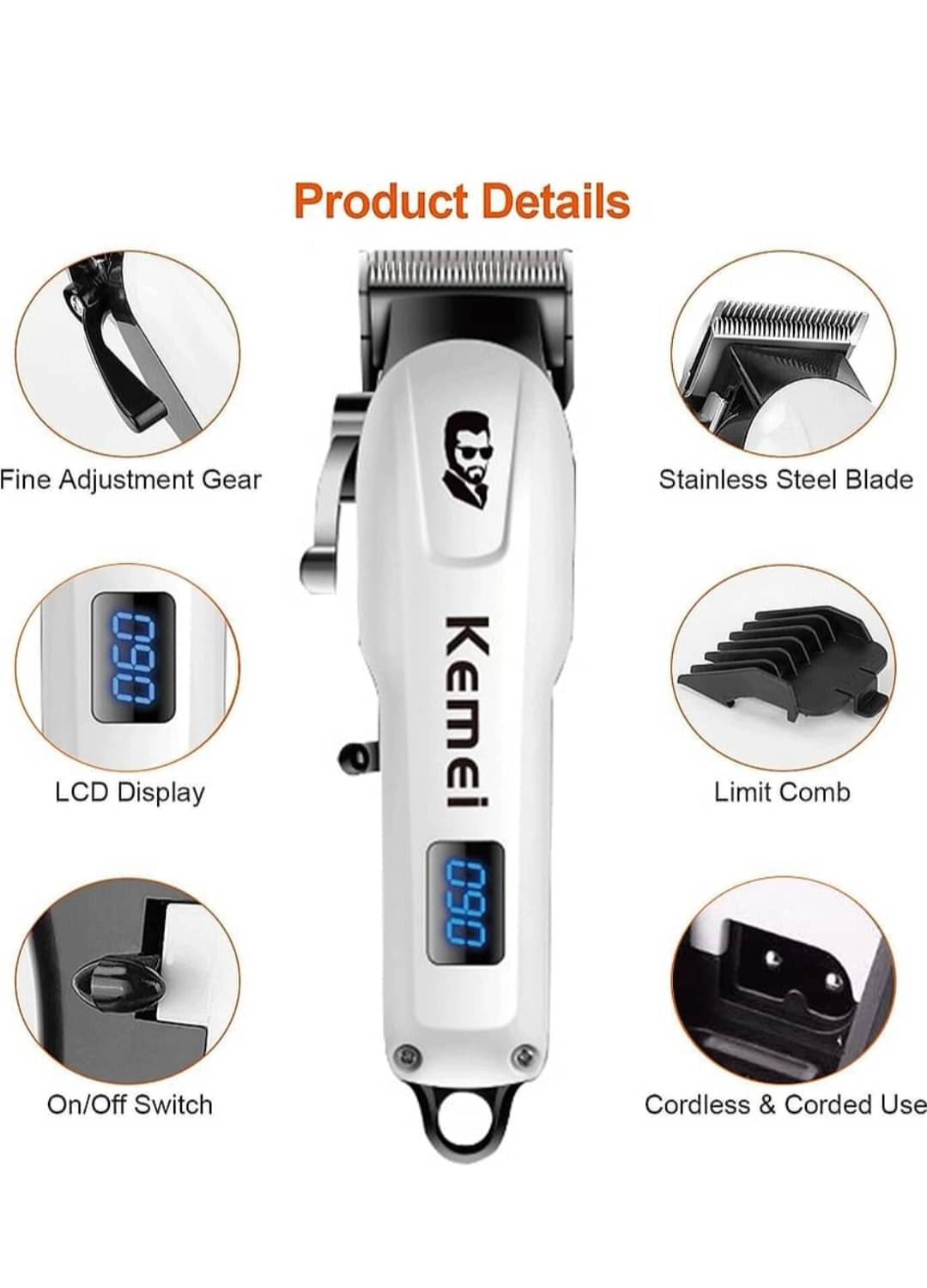     			KEMEI 809A A White Corded,Cordless Beard Trimmer With 120 minutes Runtime