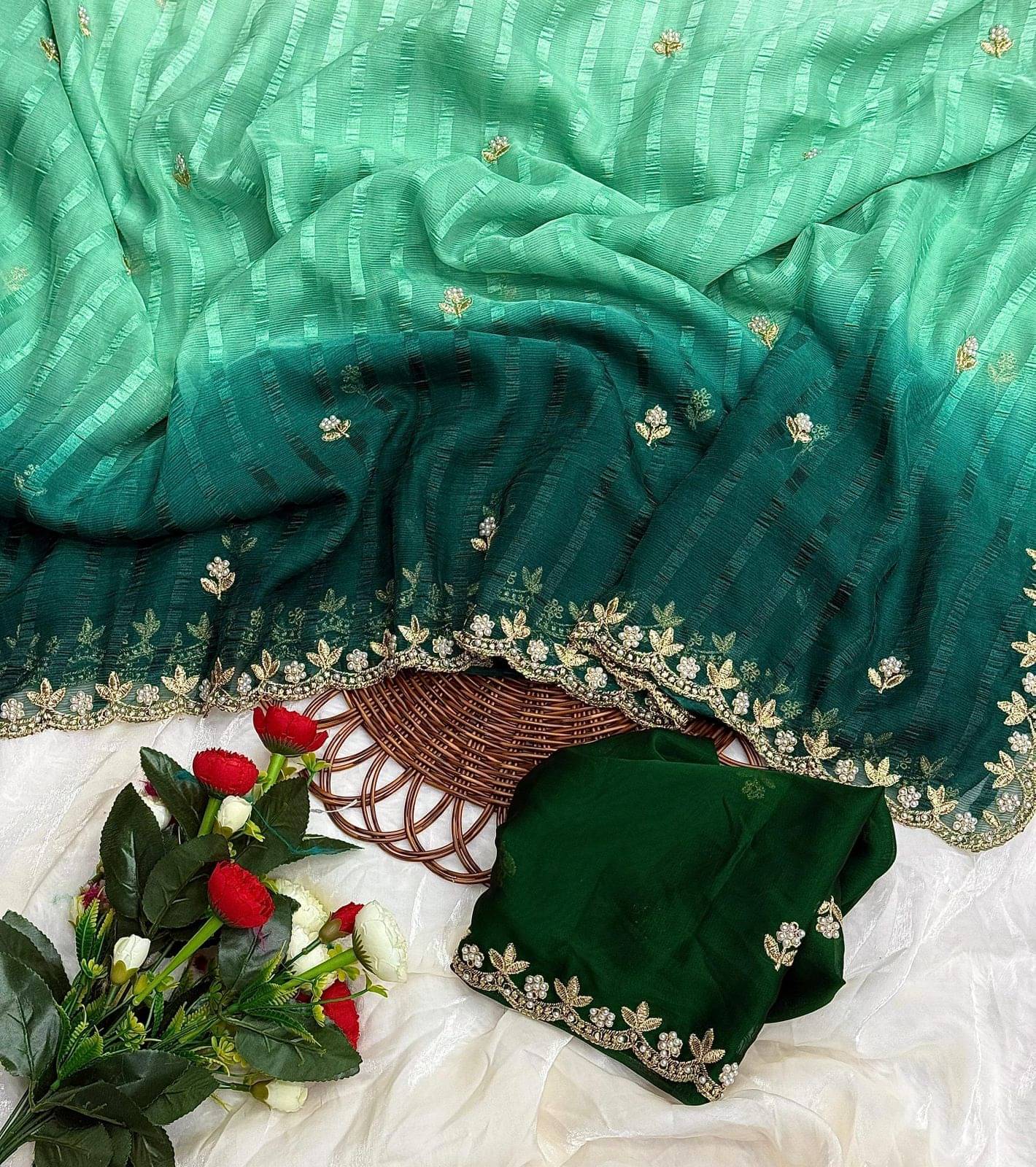     			KV Fashion Chiffon Embroidered Regular Saree With Unstitched Blouse Piece ( Multicolor 1 )