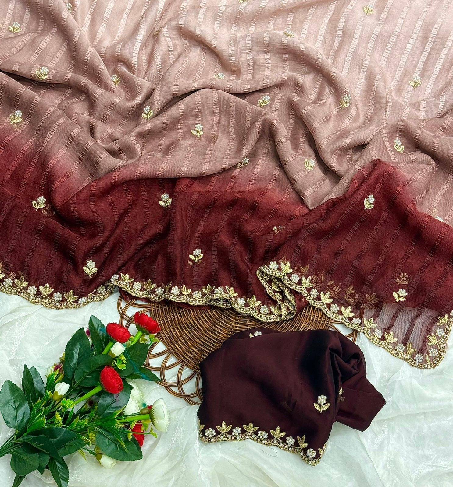     			KV Fashion Chiffon Embroidered Regular Saree With Unstitched Blouse Piece ( Multicolor )