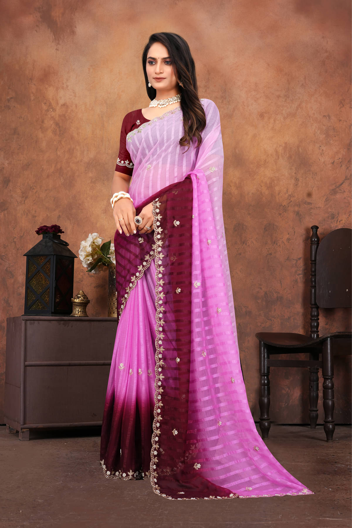     			KV Fashion Chiffon Striped Regular Saree With Unstitched Blouse Piece ( Multicolor 2 )