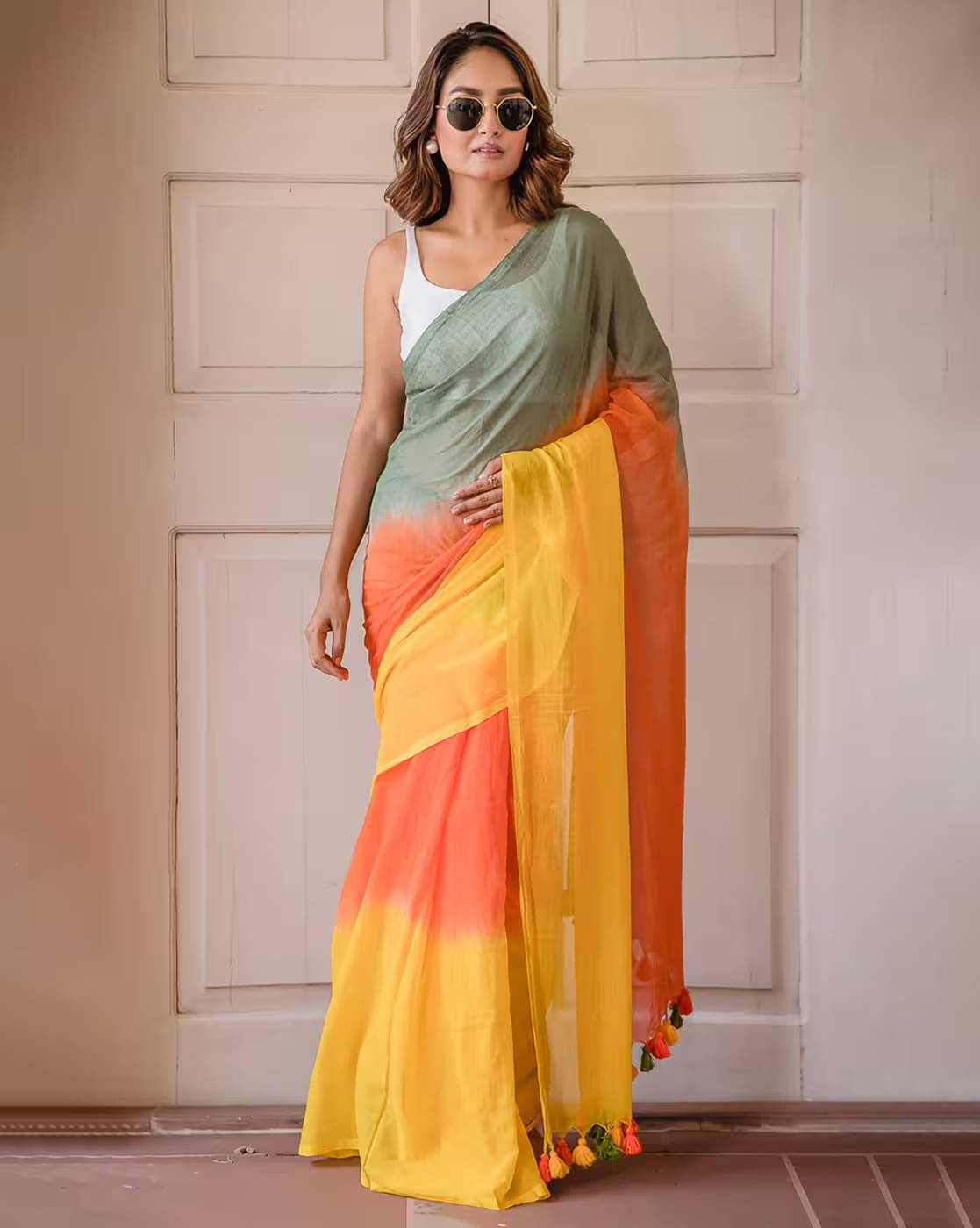     			KV Fashion Cotton Blend Colorblock Regular Saree With Unstitched Blouse Piece ( Orange )