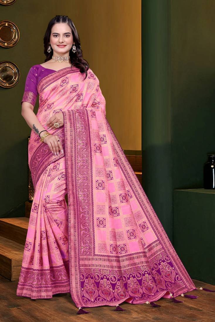    			KV Fashion Jacquard Woven Regular Saree With Unstitched Blouse Piece ( Pink )