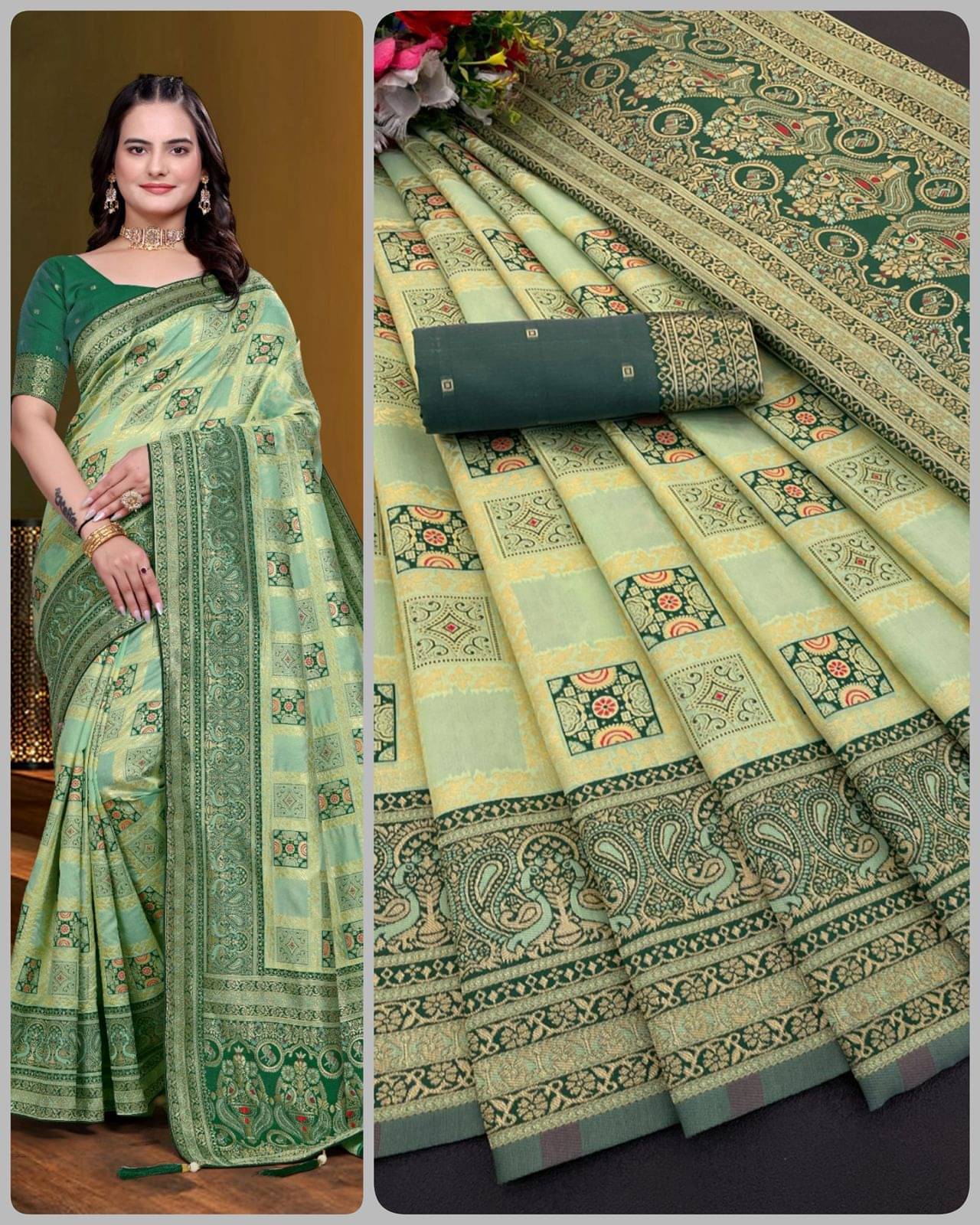     			KV Fashion Jacquard Woven Regular Saree With Unstitched Blouse Piece ( Green )