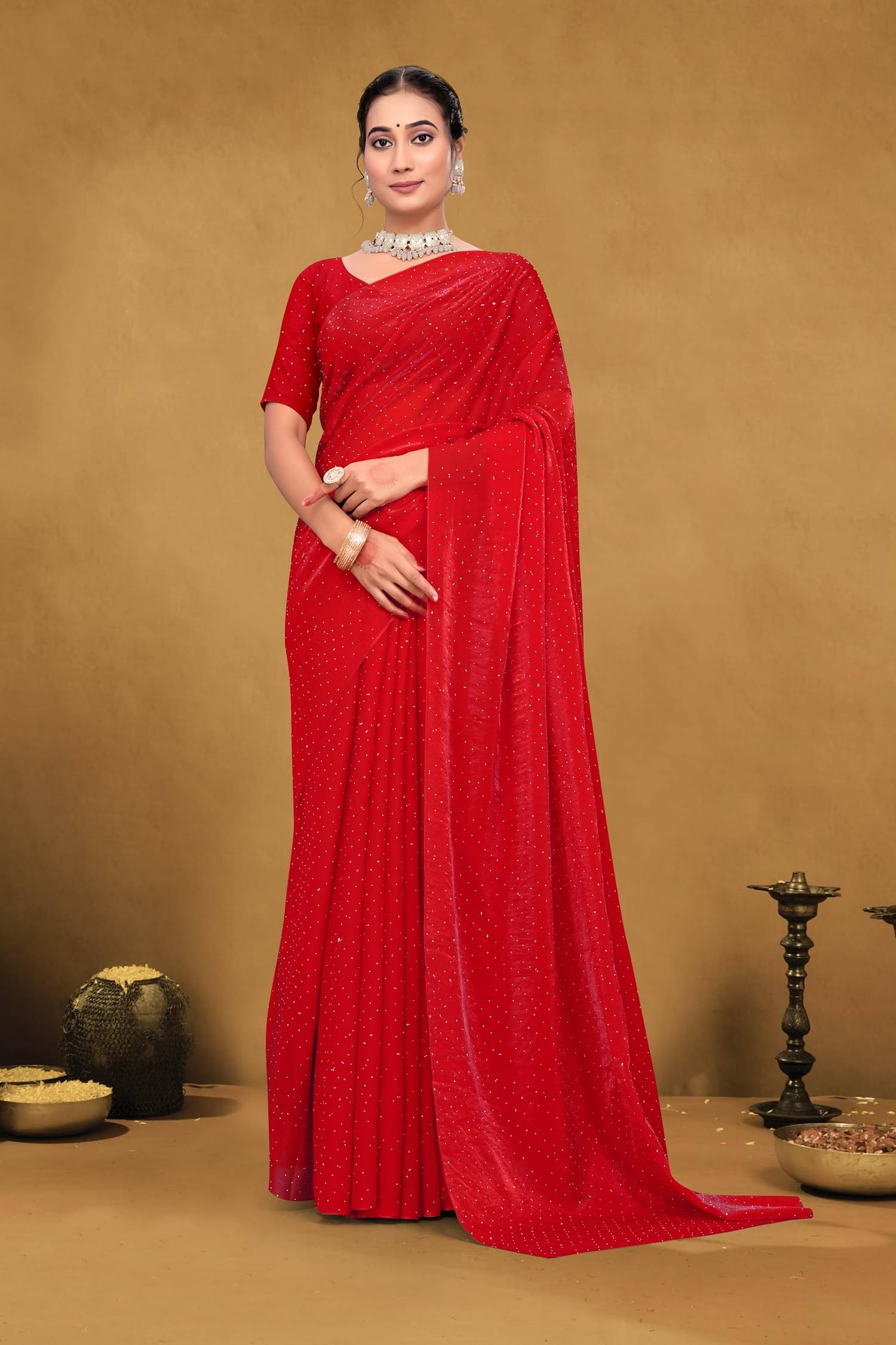 Lady Shopi Satin Embellished Regular Saree With Unstitched Blouse Piece ( Red )     			Lady Shopi Satin Embellished Regular Saree With Unstitched Blouse Piece ( Red )