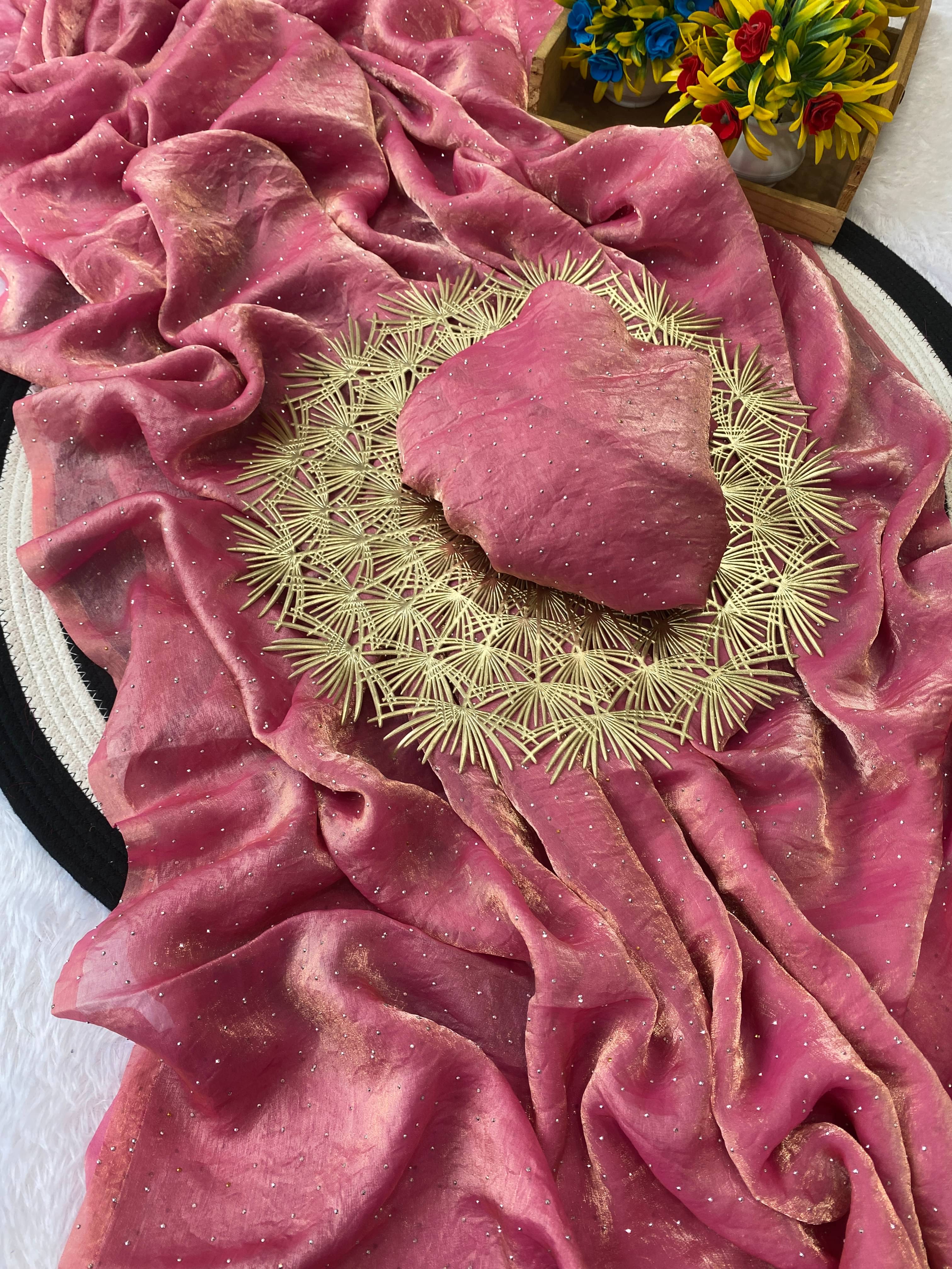 Lady Shopi Satin Embellished Regular Saree With Unstitched Blouse Piece ( Rose Gold ) Lady Shopi Satin Embellished Regular Saree With Unstitched Blouse Piece ( Rose Gold )