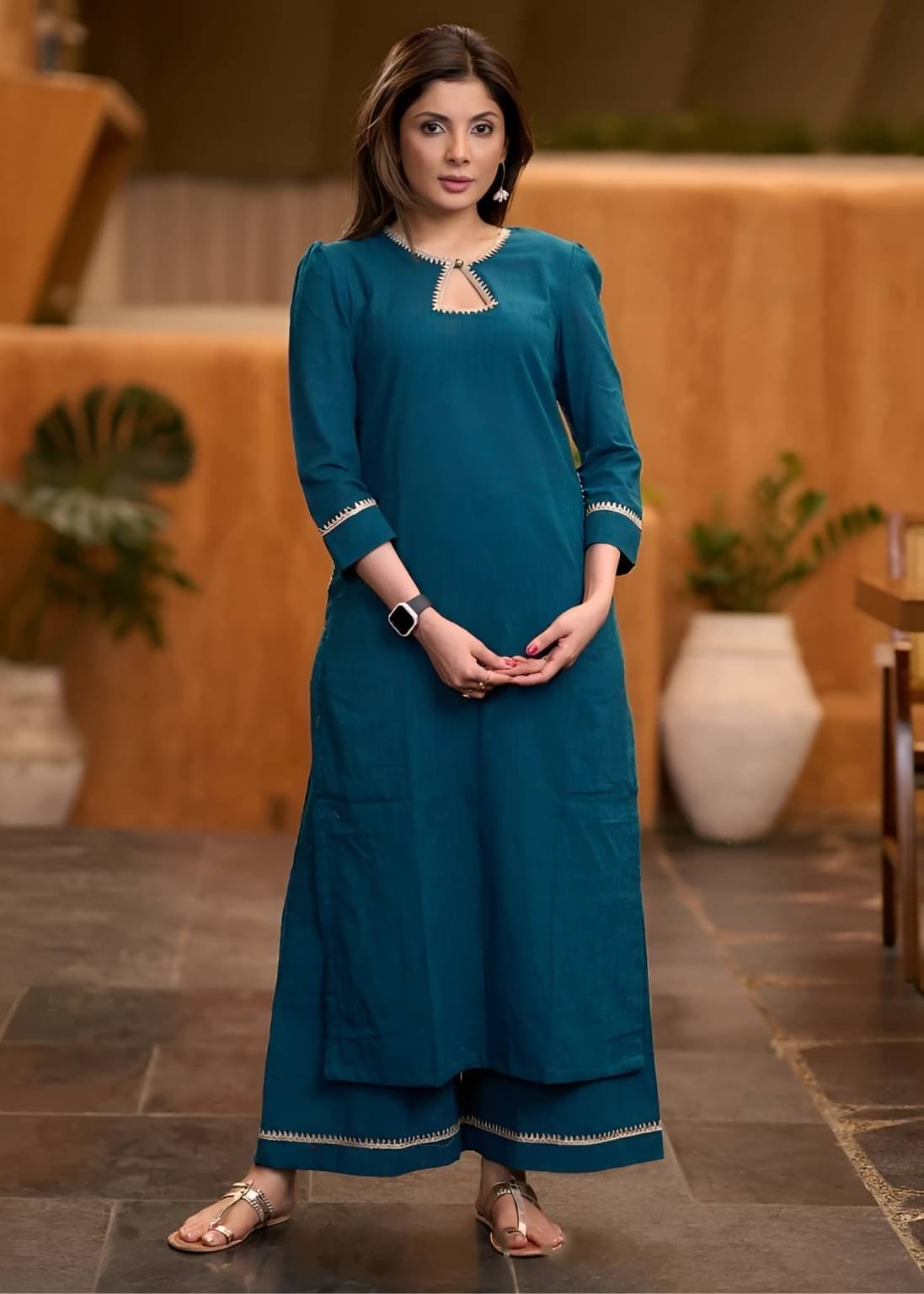 Neev's Dizain Studio Women Cotton Solid Straight Kurti With Pants ( Teal ) Neev's Dizain Studio Women Cotton Solid Straight Kurti With Pants ( Teal )